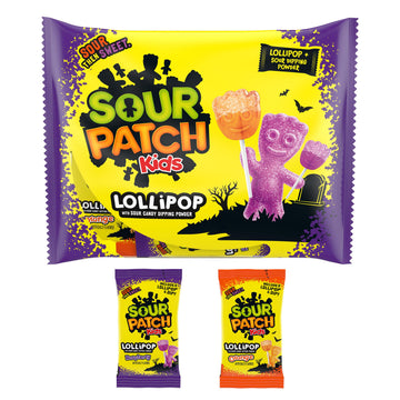SOUR PATCH KIDS Orange & Purple Halloween Candy Lollipops with Sour Candy Dipping Powder, 20 Lollipops