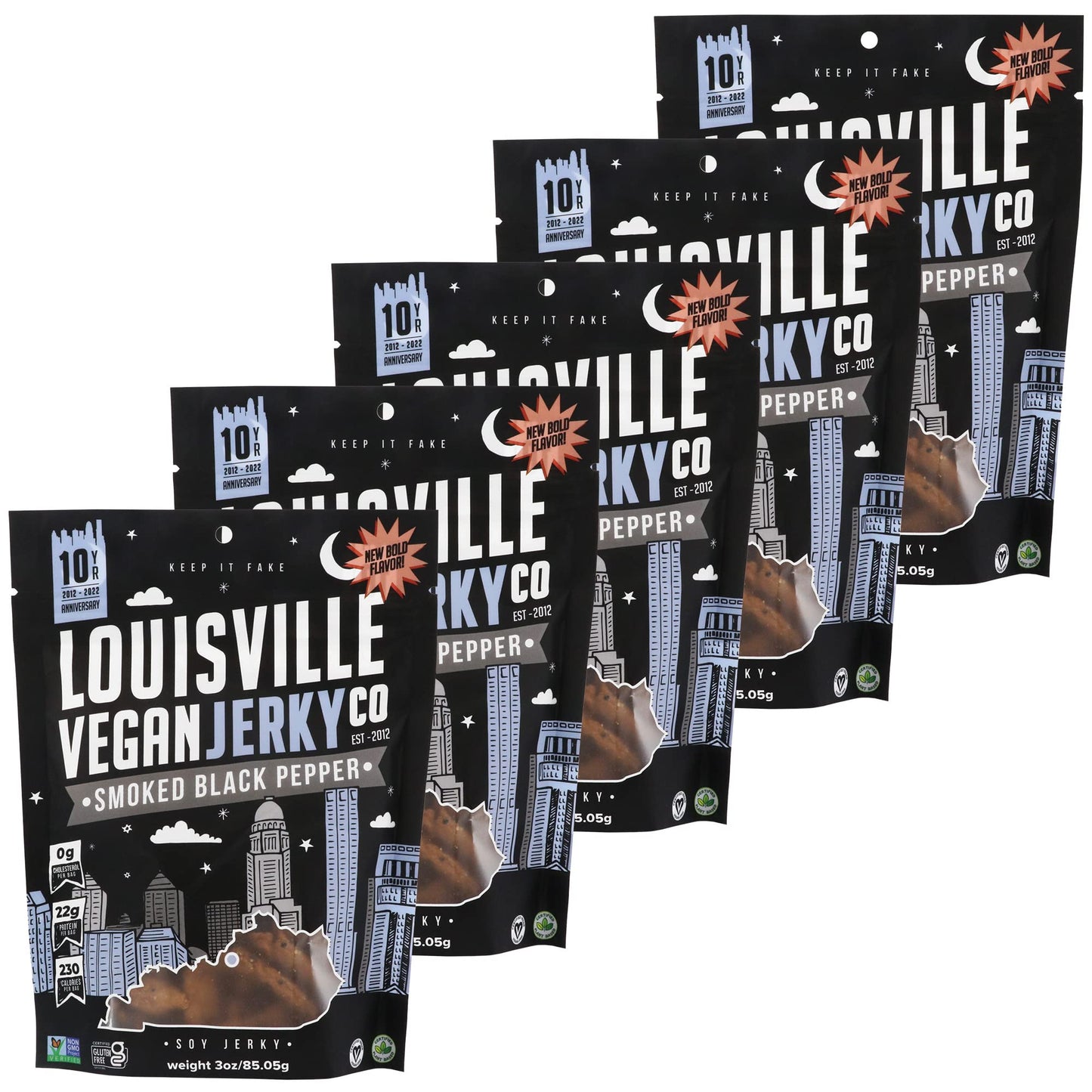 Louisville Vegan Jerky Smoked Black Pepper 5-Pack, 21g Non-GMO Soy Protein, Gluten-Free, 2.5 oz Each
