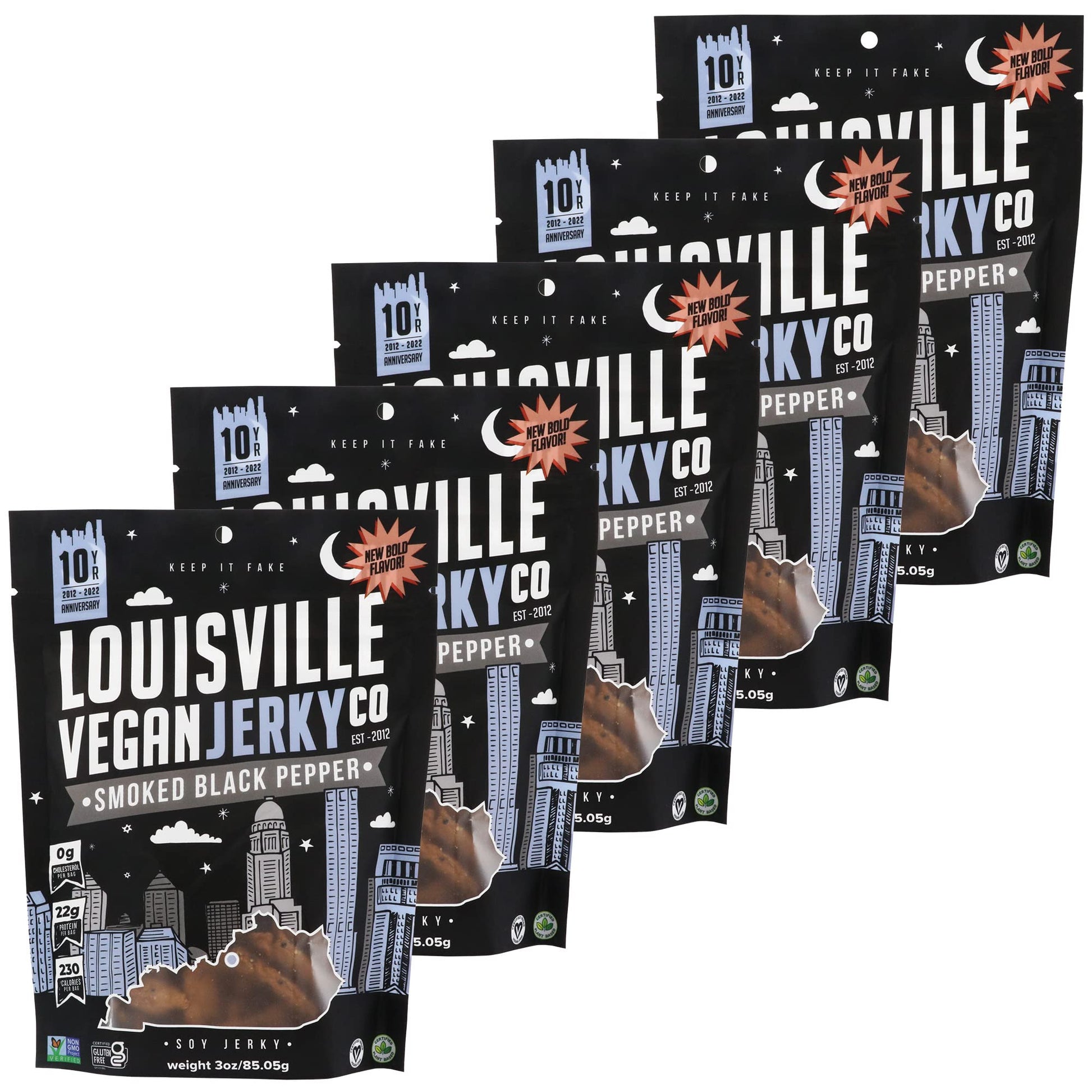 Louisville Vegan Jerky Smoked Black Pepper 5-Pack, 21g Non-GMO Soy Protein, Gluten-Free, 2.5 oz Each