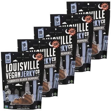 Louisville Vegan Jerky Smoked Black Pepper 5-Pack, 21g Non-GMO Soy Protein, Gluten-Free, 2.5 oz Each