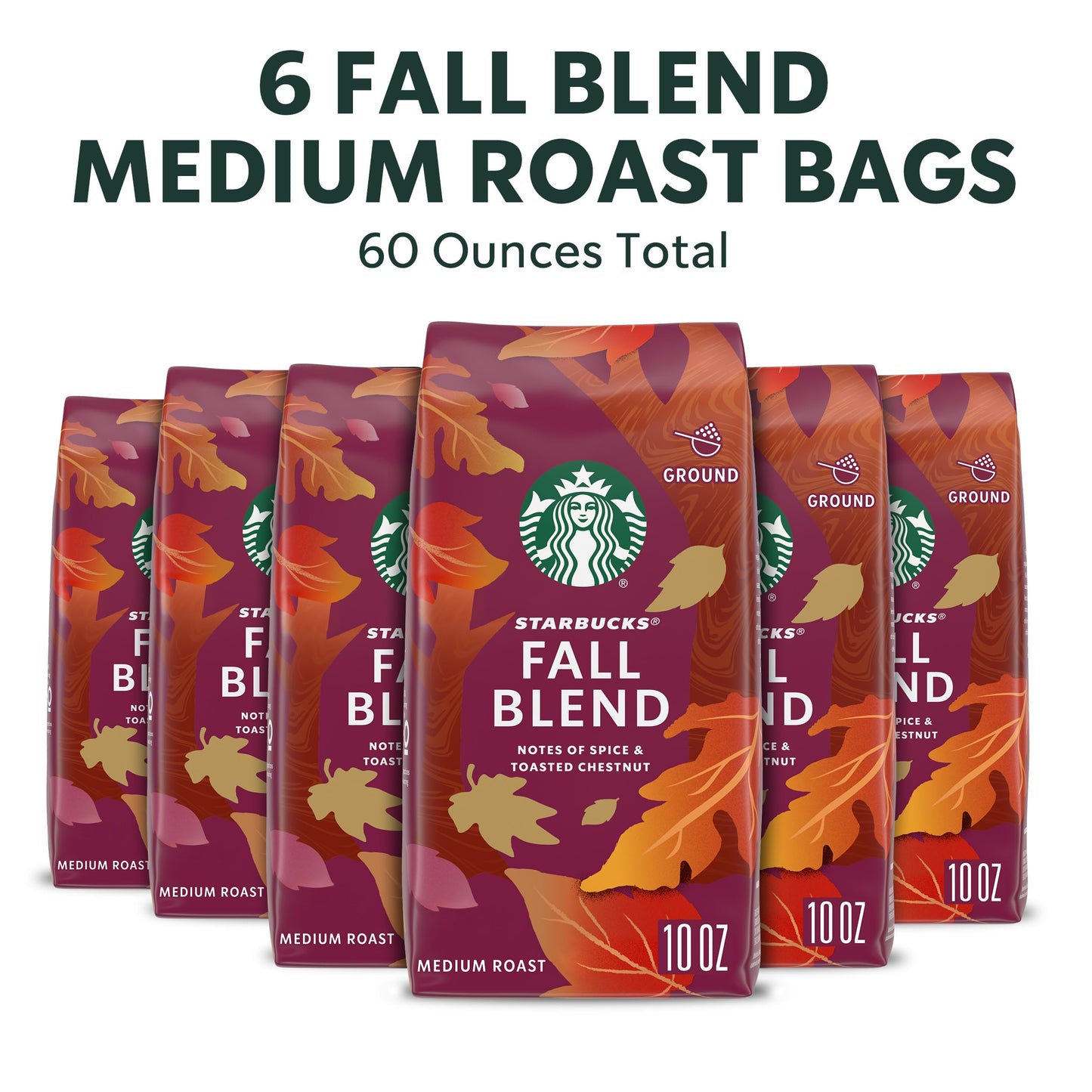 Starbucks Ground Coffee, Medium Roast, 100% Arabica, Fall Blend, 6 Bags (10 Oz Each)