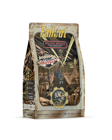 Bones Coffee Company Fallout Mojave Mocha  Mocha Flavored Coffee  Medium Roast Low Acid Arabica Beans Compatible With Auto Drip And French Press Coffee Maker  12 Oz Whole Bean