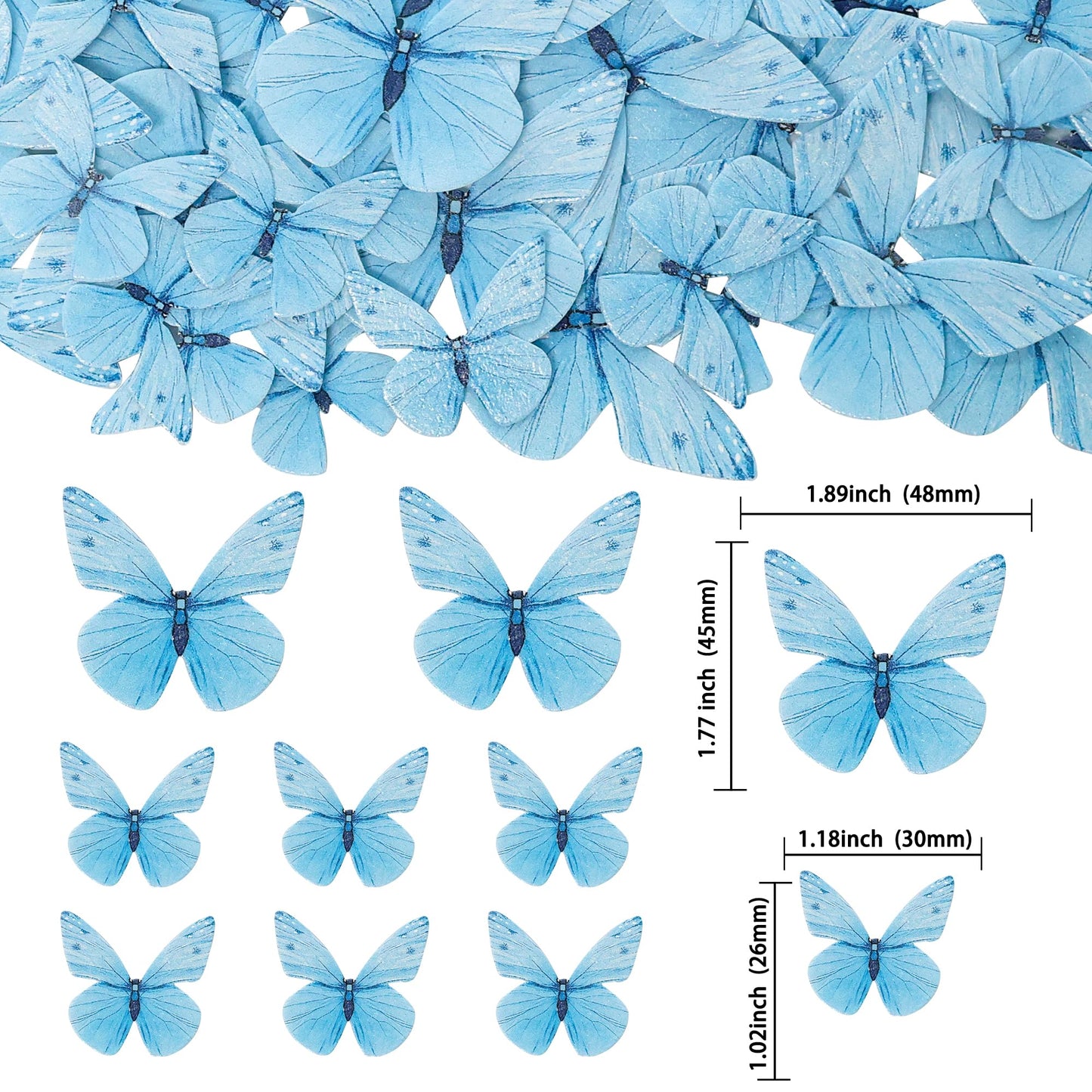 Gyufise 72Pcs Edible Butterfly Cupcake Toppers, Blue Rice Paper Decorations for Baby Shower & Kids Birthday Party, 1.8x1.1