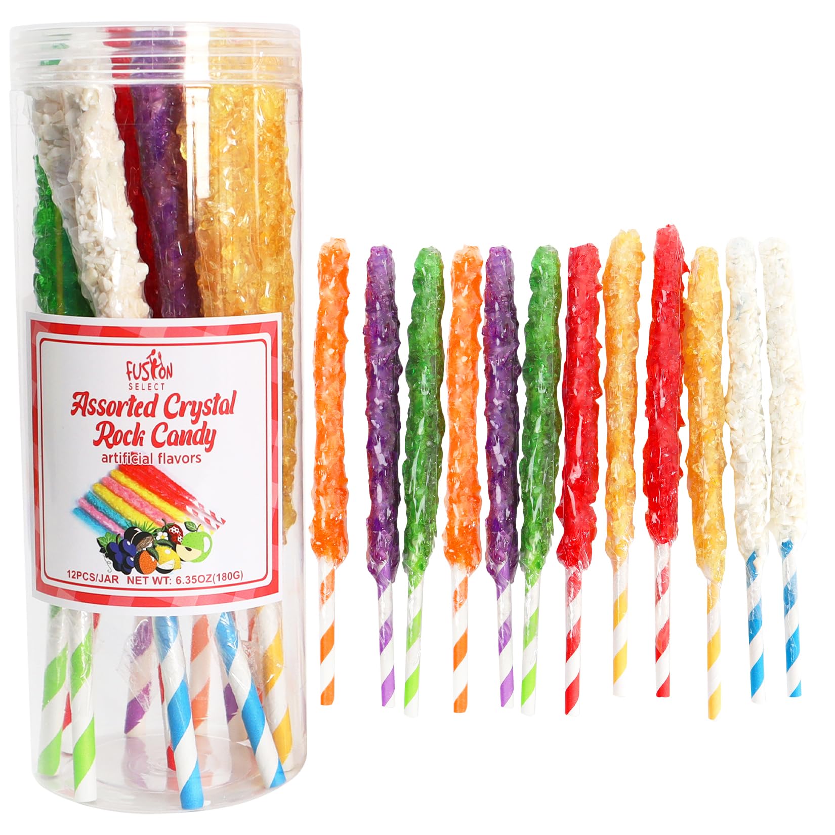 Fusion Select Crystal Rock Candy Sticks - Sweet Hard Sugar Lollipop Snacks With Strong Flavors - 12 Assorted Extra Large, Individually Wrapped Candies - Colored Buffet Treats & Party Favors For Kids