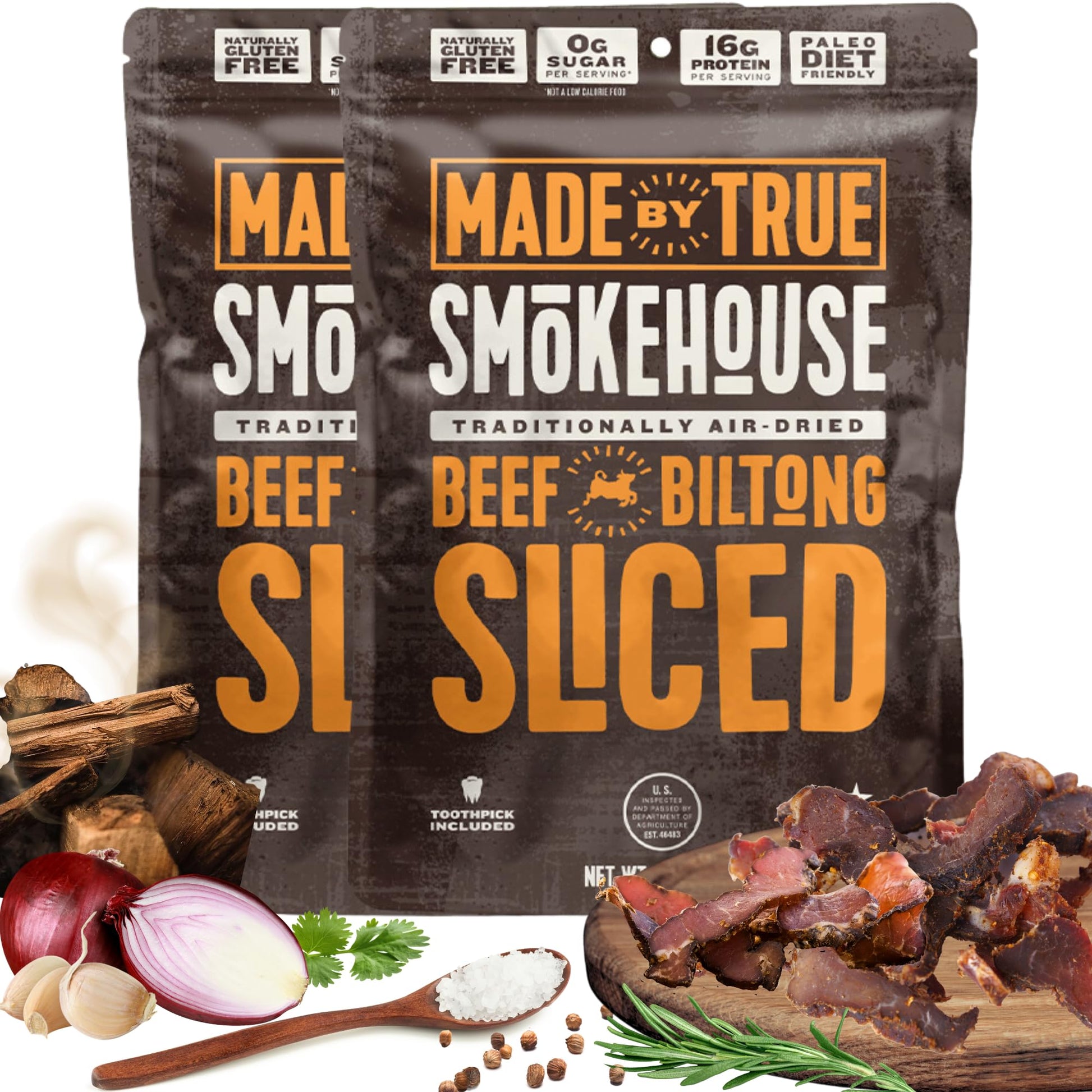Made by True Beef Sliced Bites Smokehouse (2 Ounce, Pack of 2) - All Natural, Zero-Sugar True Jerky Biltong - High Protein, Keto