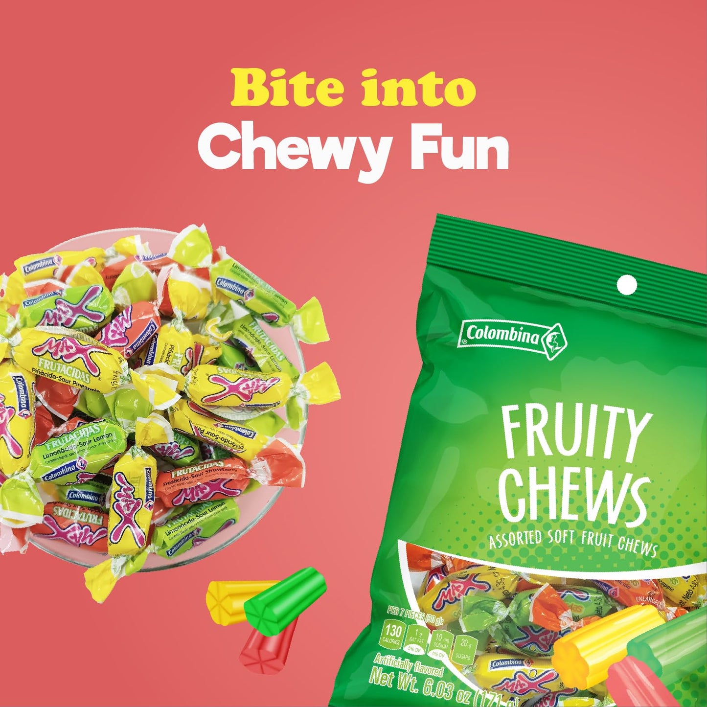 Colombina Fruity Chews - Assorted Soft Fruit Chews Candy Variety Pack- Orange, Grape, Strawberry, Pineapple, Green Apple Flavors