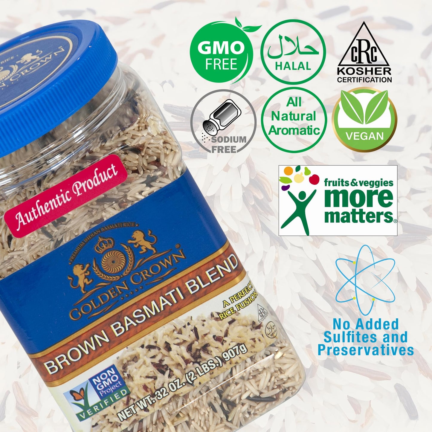 Golden Crown Brown Basmati Blend, Premium Quality Non-Gmo Project Verified, Gluten-Free, Kosher-Crc & Vegetarian Rice, Wild & Re