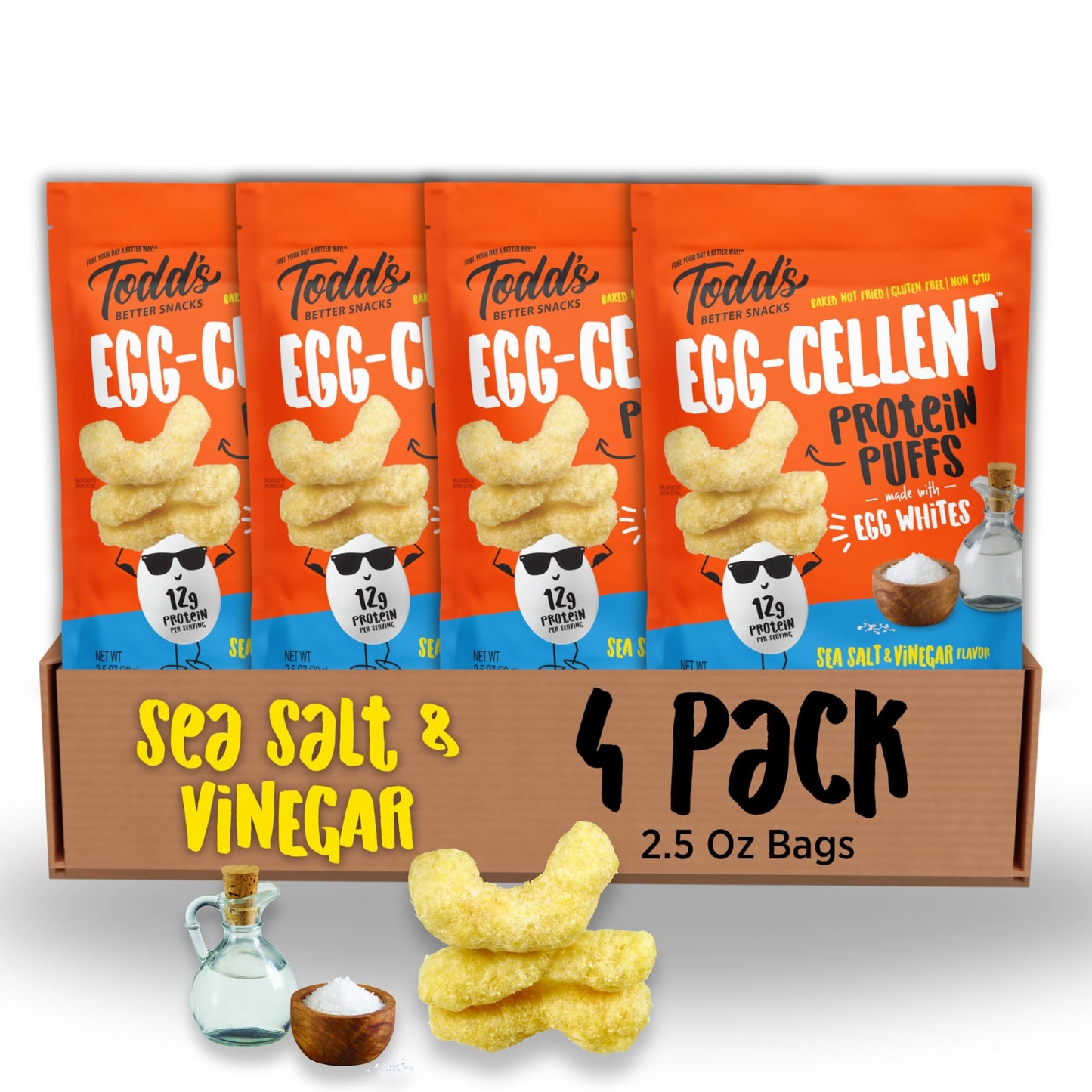 Todd s Better Snacks Egg-Cellent Protein Puffs, Sea Salt & Vinegar - 12g Protein, Gluten-Free, Paleo-Friendly, Baked, GLP-1 Com