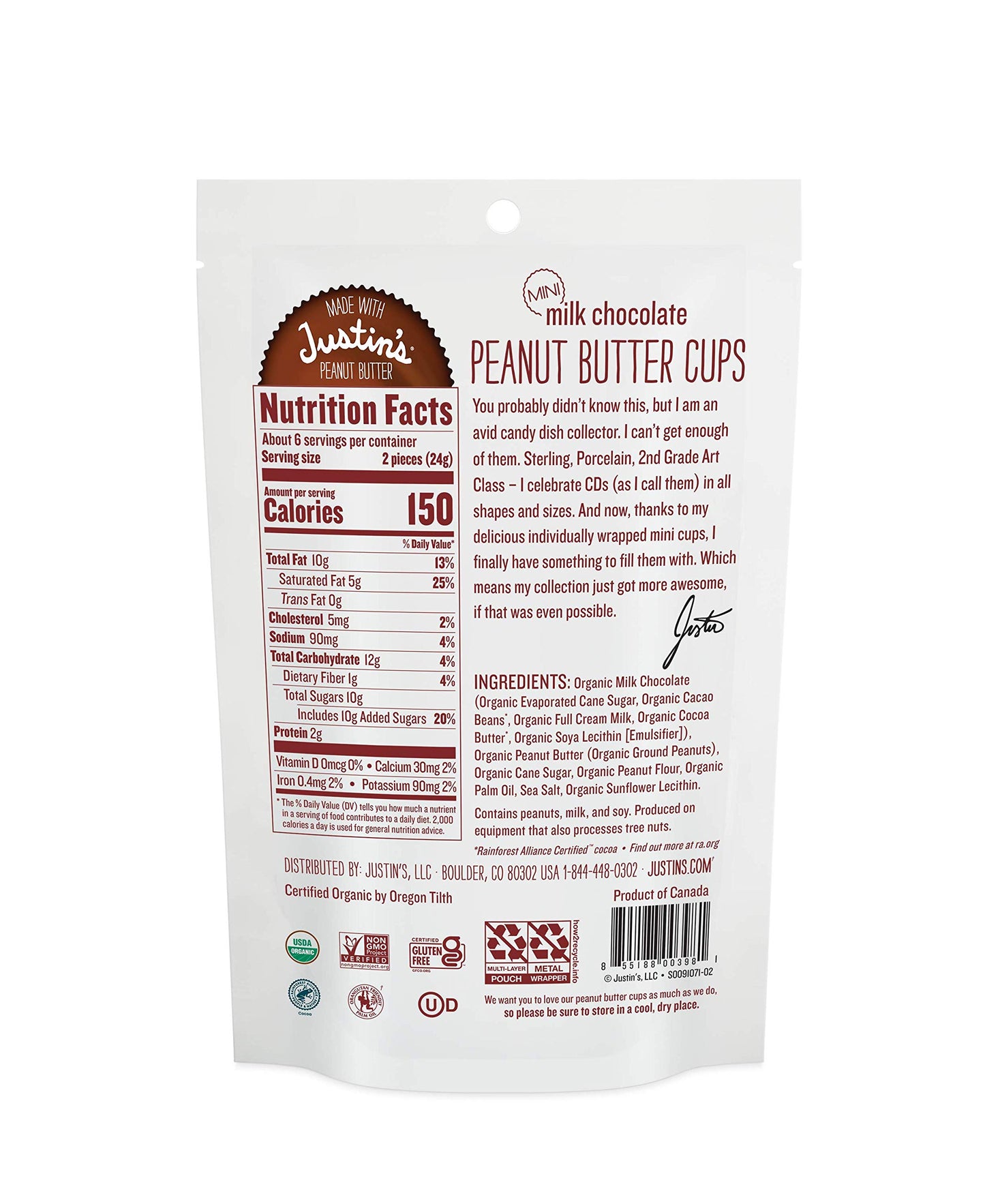 Justin'S Organic Mini Milk Chocolate Peanut Butter Cups, Rainforest Alliance Certified Cocoa, Gluten-Free, Responsibly Sourced,