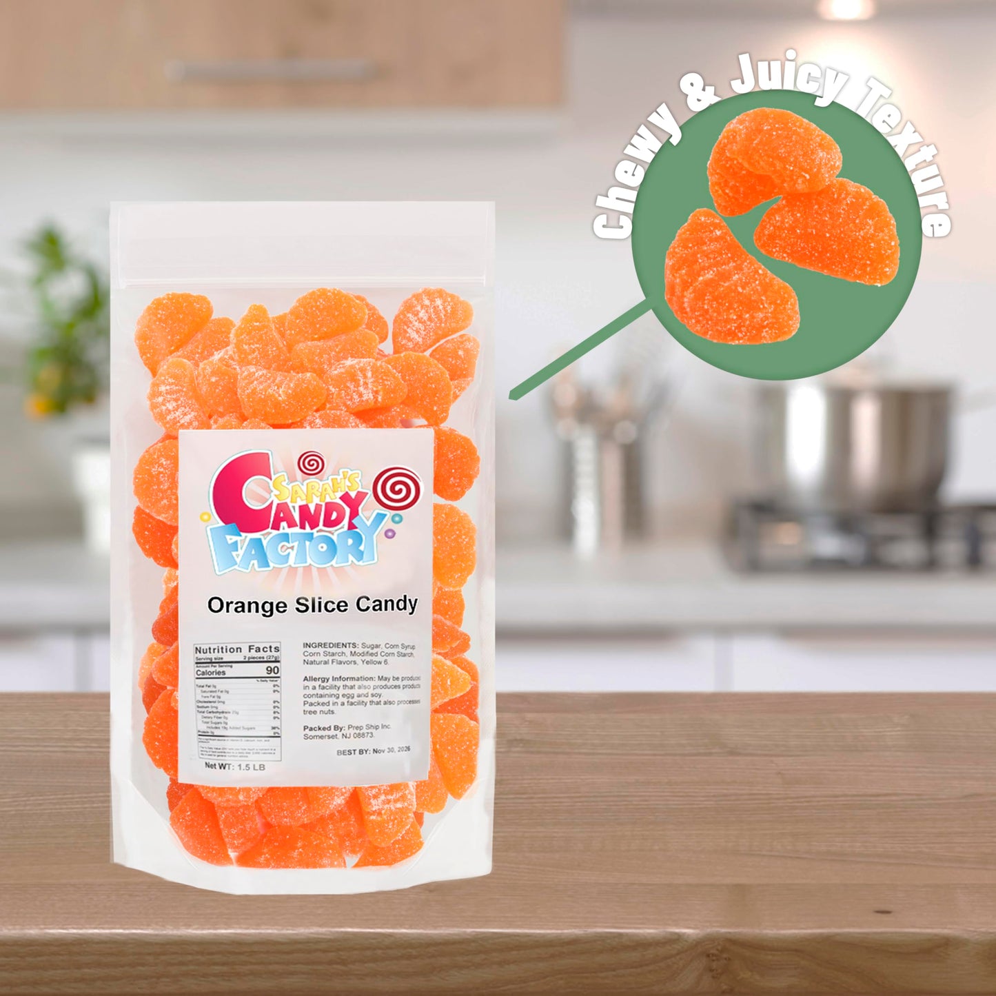 Sarahs Candy Factory Orange Slices Gummy Candy, Resealable Bag, No Preservatives, 1.5 Lb