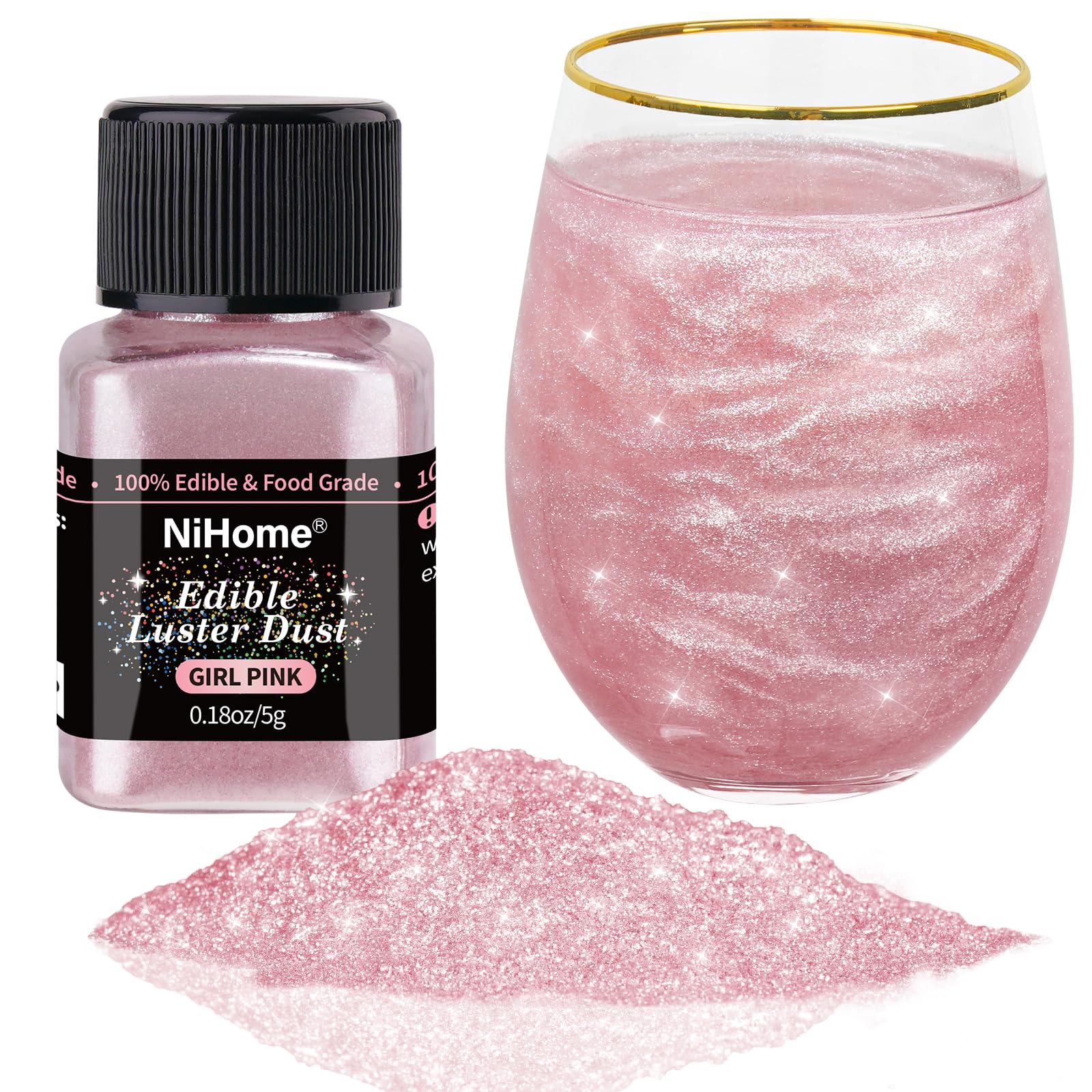 NiHome Edible Glimmer Powder Glitter Dust, 5g/0.18oz, Metallic Food Decorating Sprinkle, Girl Pink, Model NiHome-0045