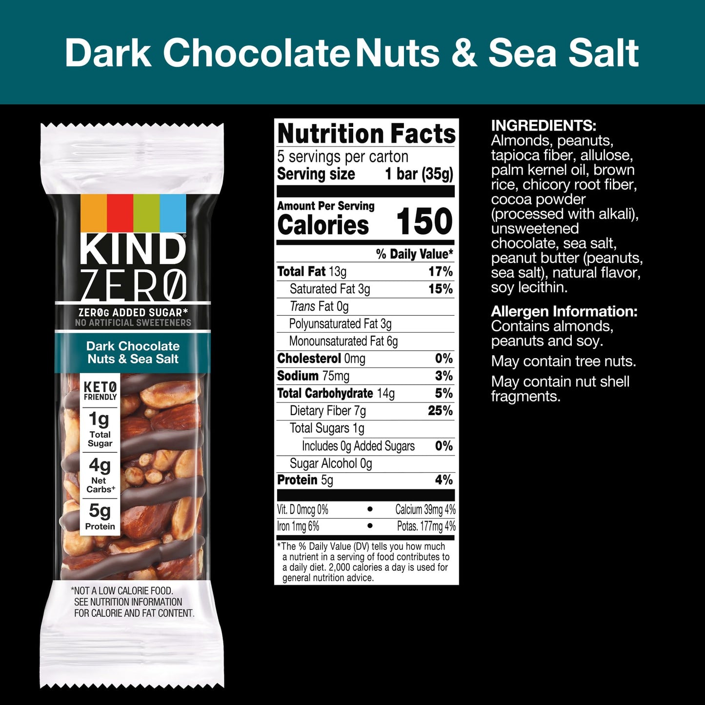 Kind Zero Added Sugar Bars, Keto Friendly Snacks, Dark Chocolate Nuts And Sea Salt, 6.2Oz Box (5 Bars)
