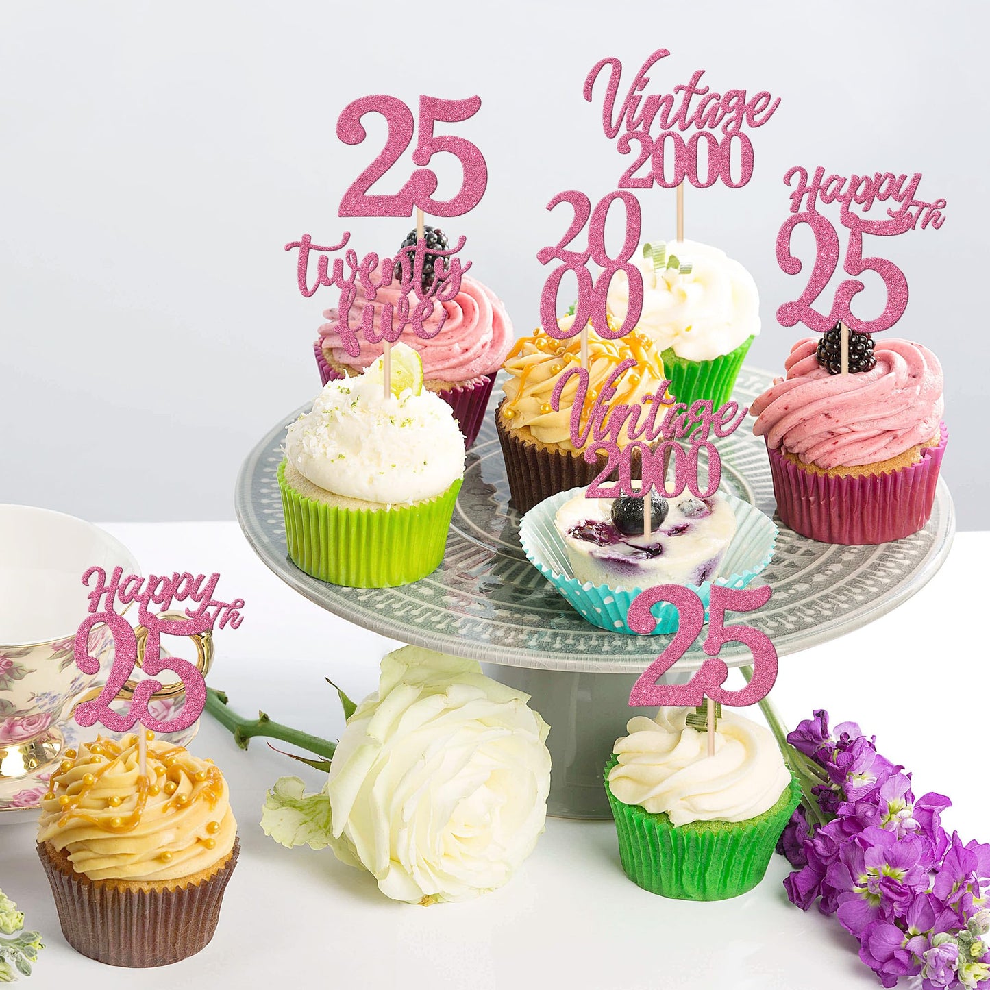 30Pcs Happy 25Th Birthday Cupcake Toppers Cheers To 25 Vintage 2000 Cupcake Picks Hello 25 Twenty Five 25Th Birthday Decorations