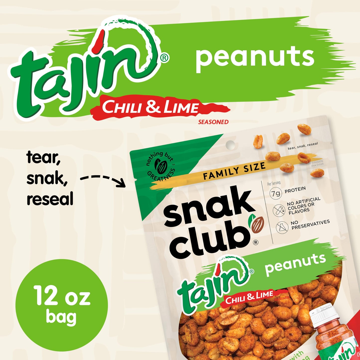 Snak Club Tajin Peanuts, Roasted Nuts with Chili and Lime Seasoning, Mild, Gluten-Free and Kosher Snacks, No Artificial Colors o