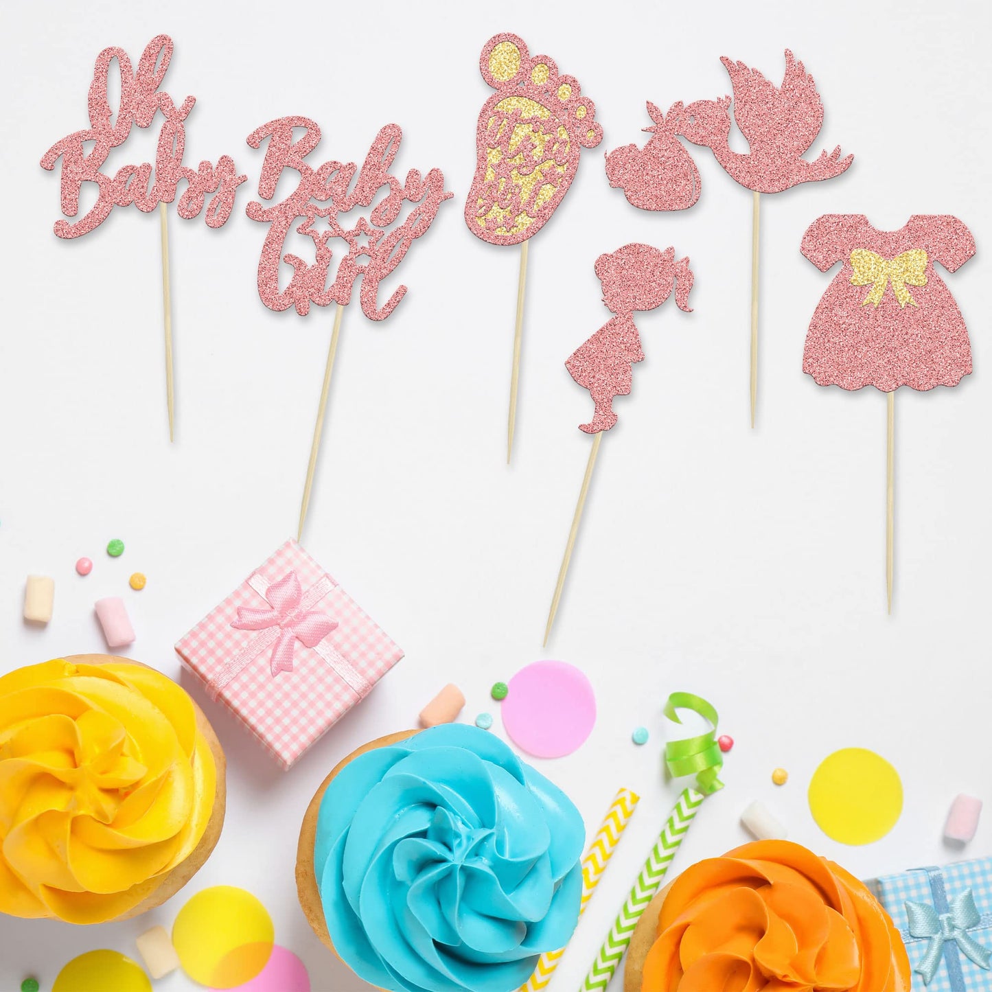 24Pcs Baby Shower Oh Baby Cupcake Toppers Rose Gold Glitter Bow Dress Footprint Swan Baby Girl Cake Picks Decorations For Baby S