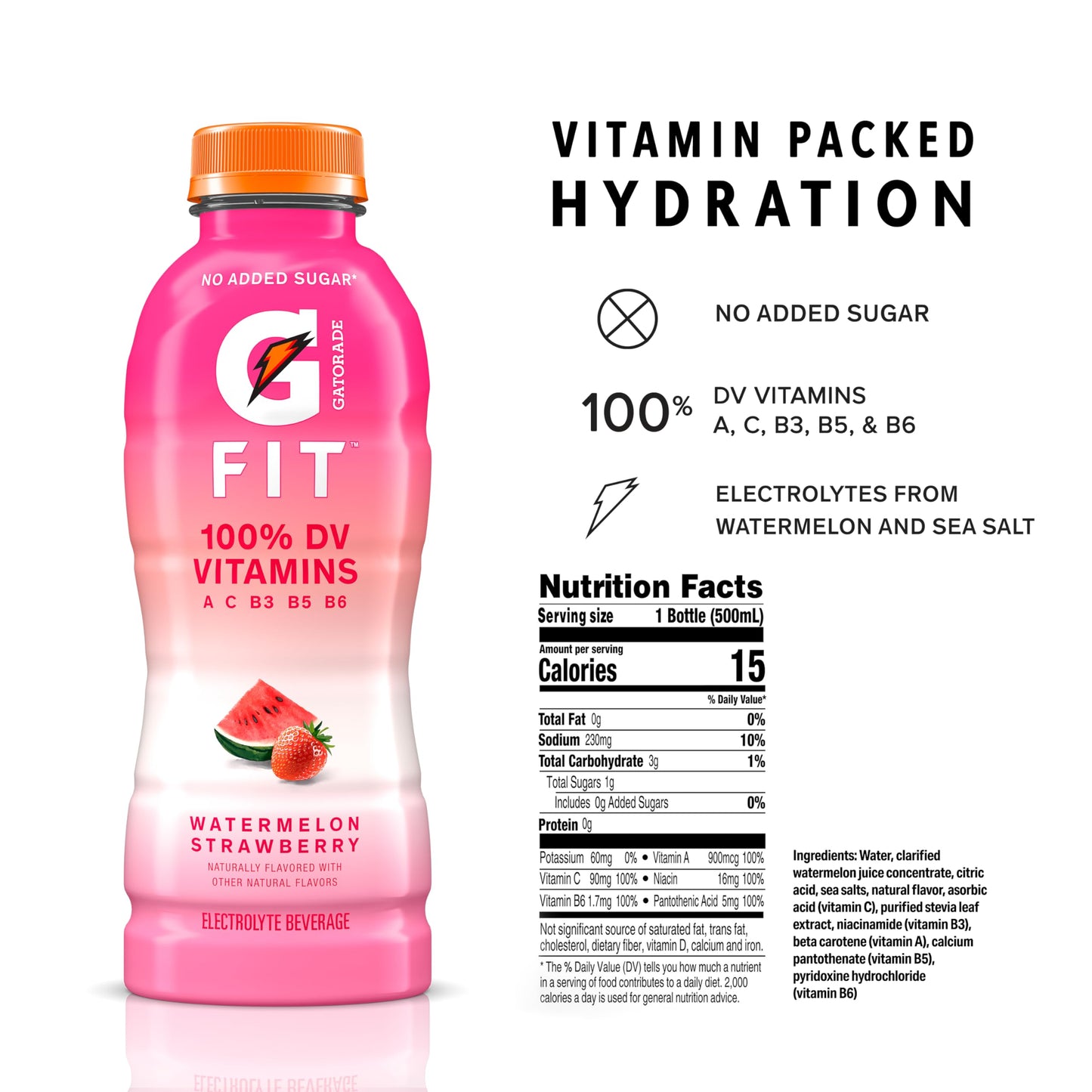 Gatorade Fit Electrolyte Beverage, Watermelon Strawberry, 16.9 Fl Oz Bottles (12 Pack), Healthy Hydration, Red