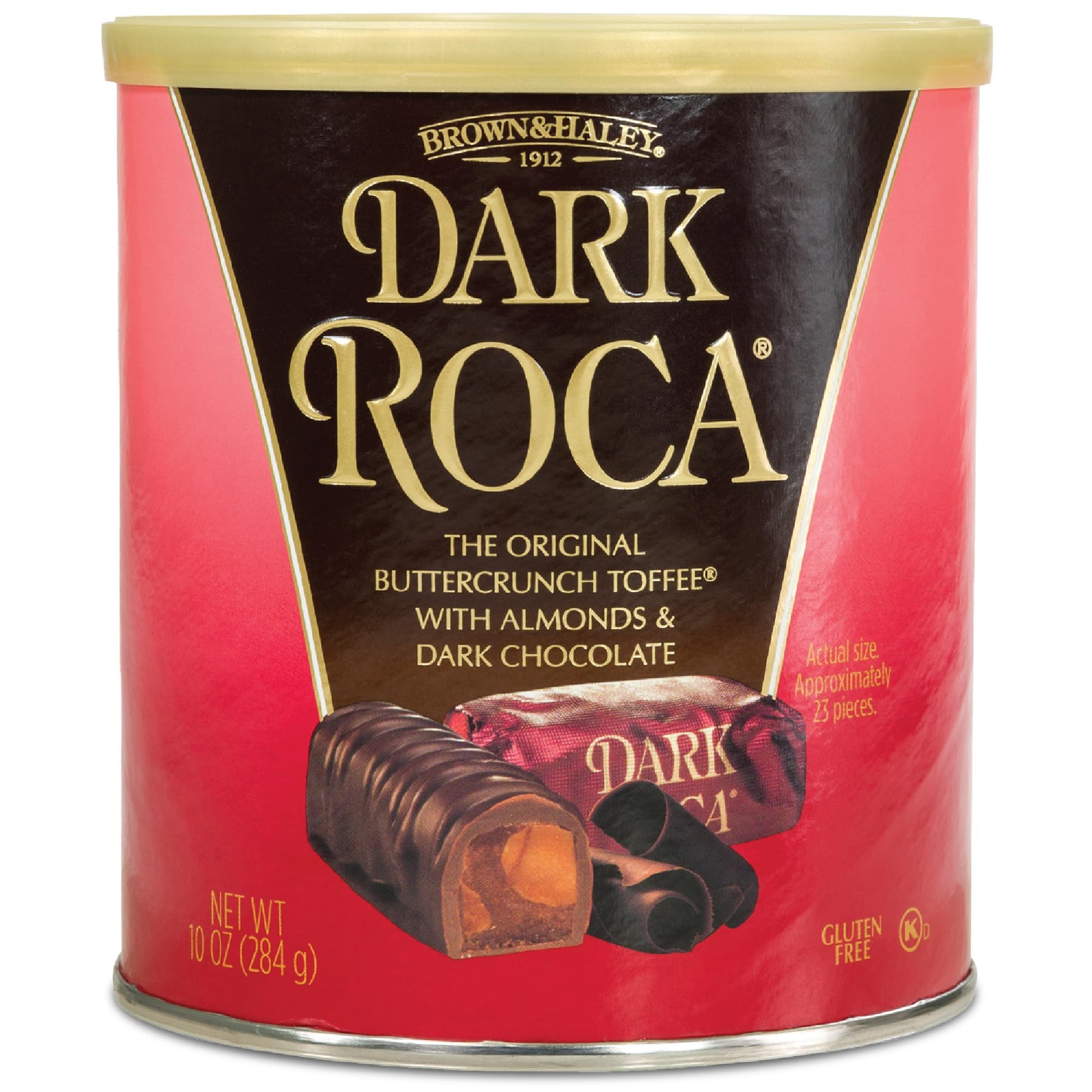 Roca Brown & Haley Almond Dark Roca Canister, Individually Wrapped Dark Chocolate Candy, 10 Ounce, Chocolate