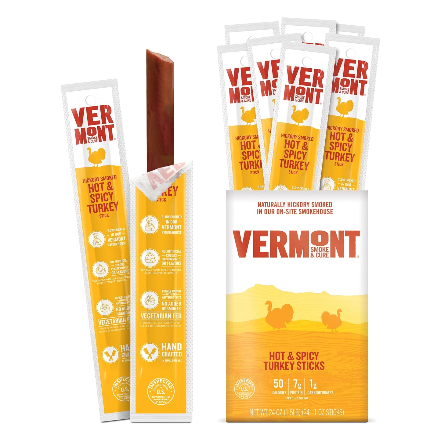 Vermont Smoke & Cure Hot & Spicy Turkey Jerky Snack - Smoky Chili Turkey Sticks - 1oz - 24 Count