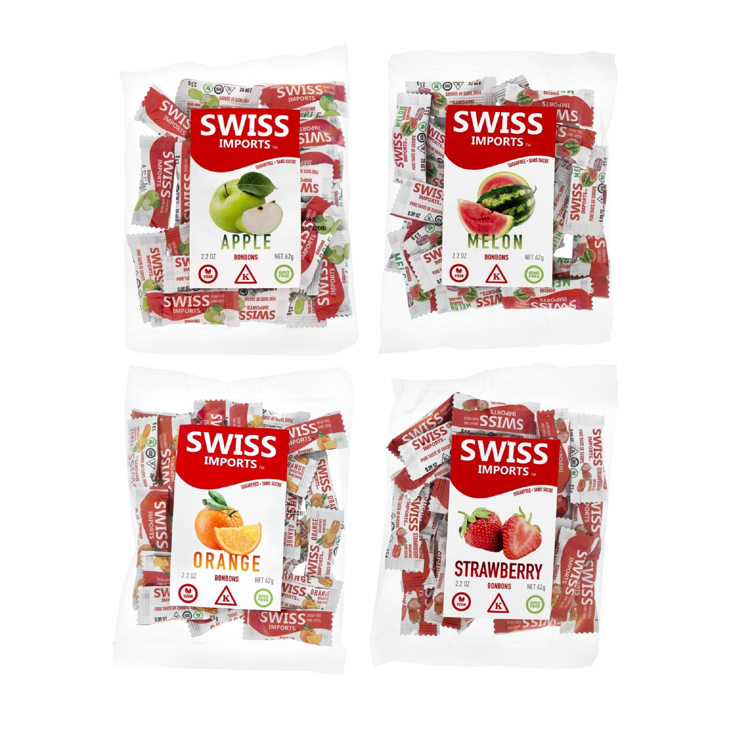 Swiss Imports Sugar Free Bonbons Hard Candy Drops, Variety of Apple, Melon, Orange, Strawberry, 100 Individually Wrapped Pieces,
