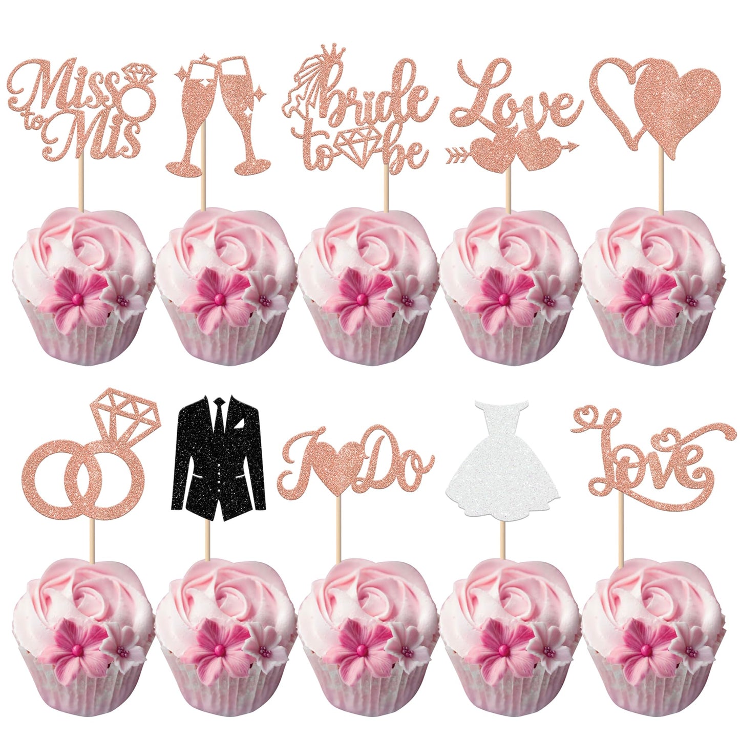YCTHUNFISH Bride to Be Cupcake Toppers, 30 Pack, Glitter Diamond Ring Design, Rose Gold