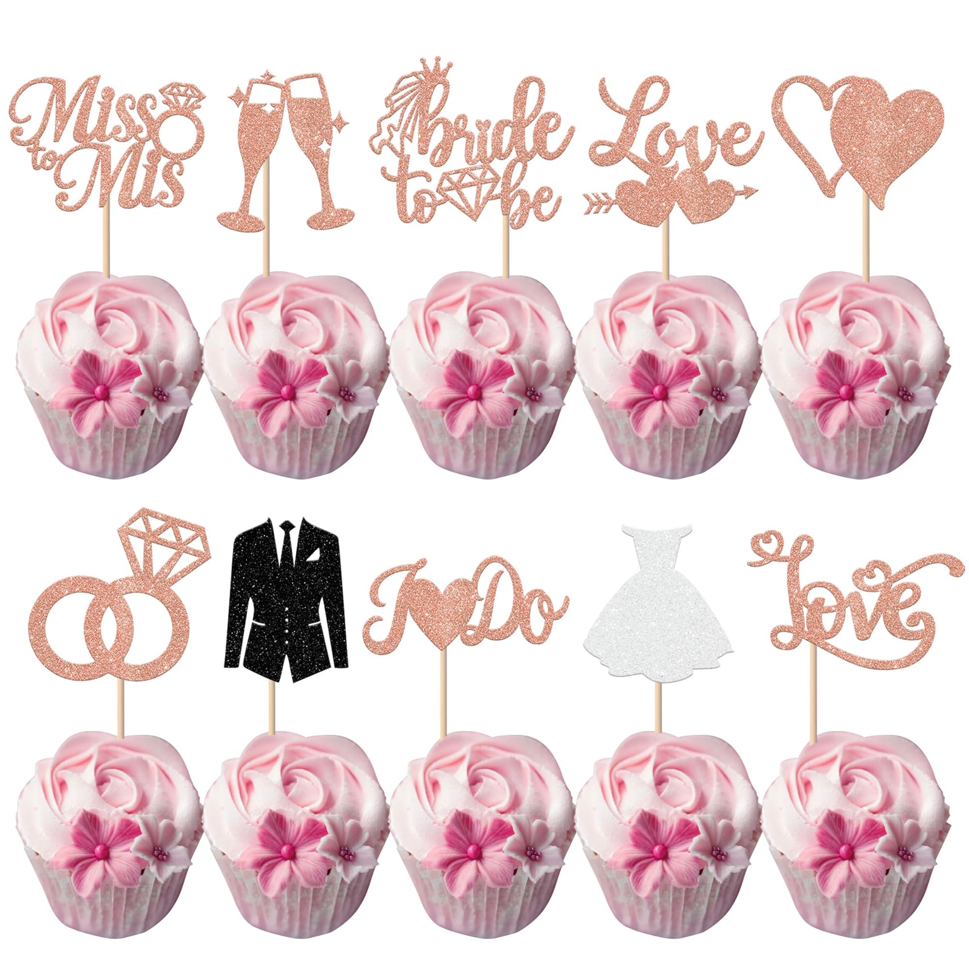 YCTHUNFISH Bride to Be Cupcake Toppers, 30 Pack, Glitter Diamond Ring Design, Rose Gold