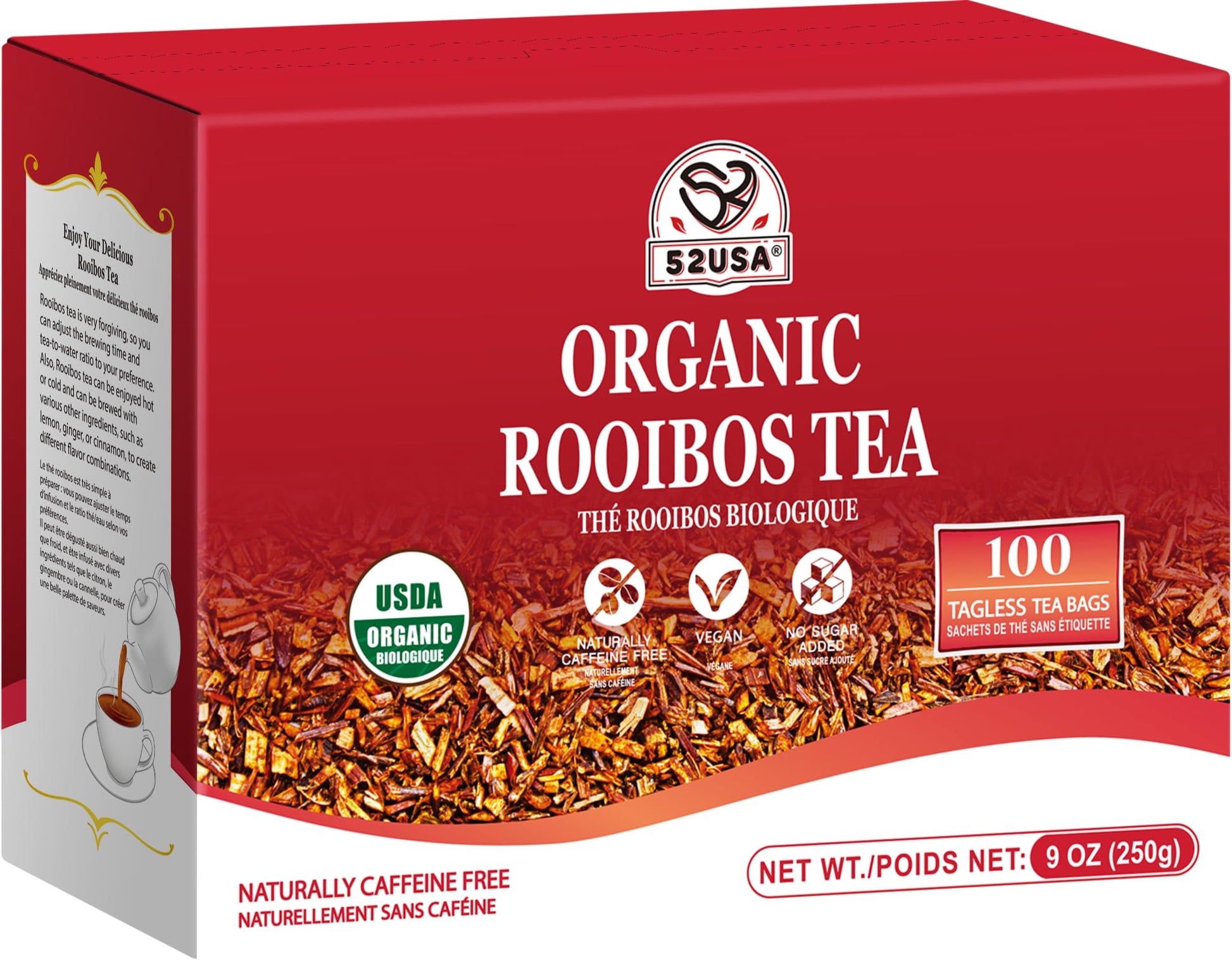 52USA Rooibos Tea Organic, Caffeine Free, 100 Tea Bags, Naturally Sweet, 9oz (250g)