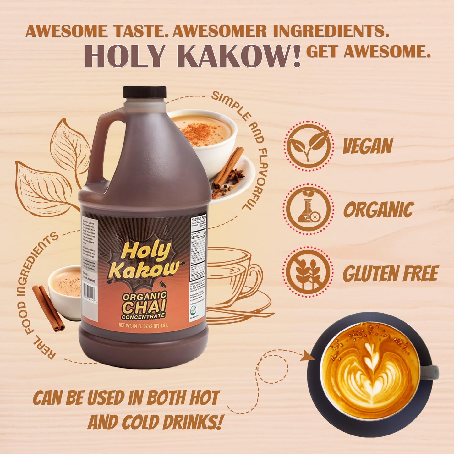 Holy Kakow Organic Chai Concentrate - Made With Black Tea and Spices, Plant-Based, Non-GMO, Delicious Hot or Iced - 64oz