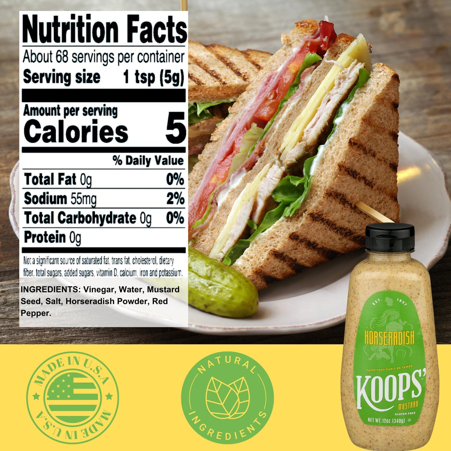 KOOPS Horseradish Mustard - Bold & Zesty, Gluten-Free, Kosher, 12 Oz, Pack of 4