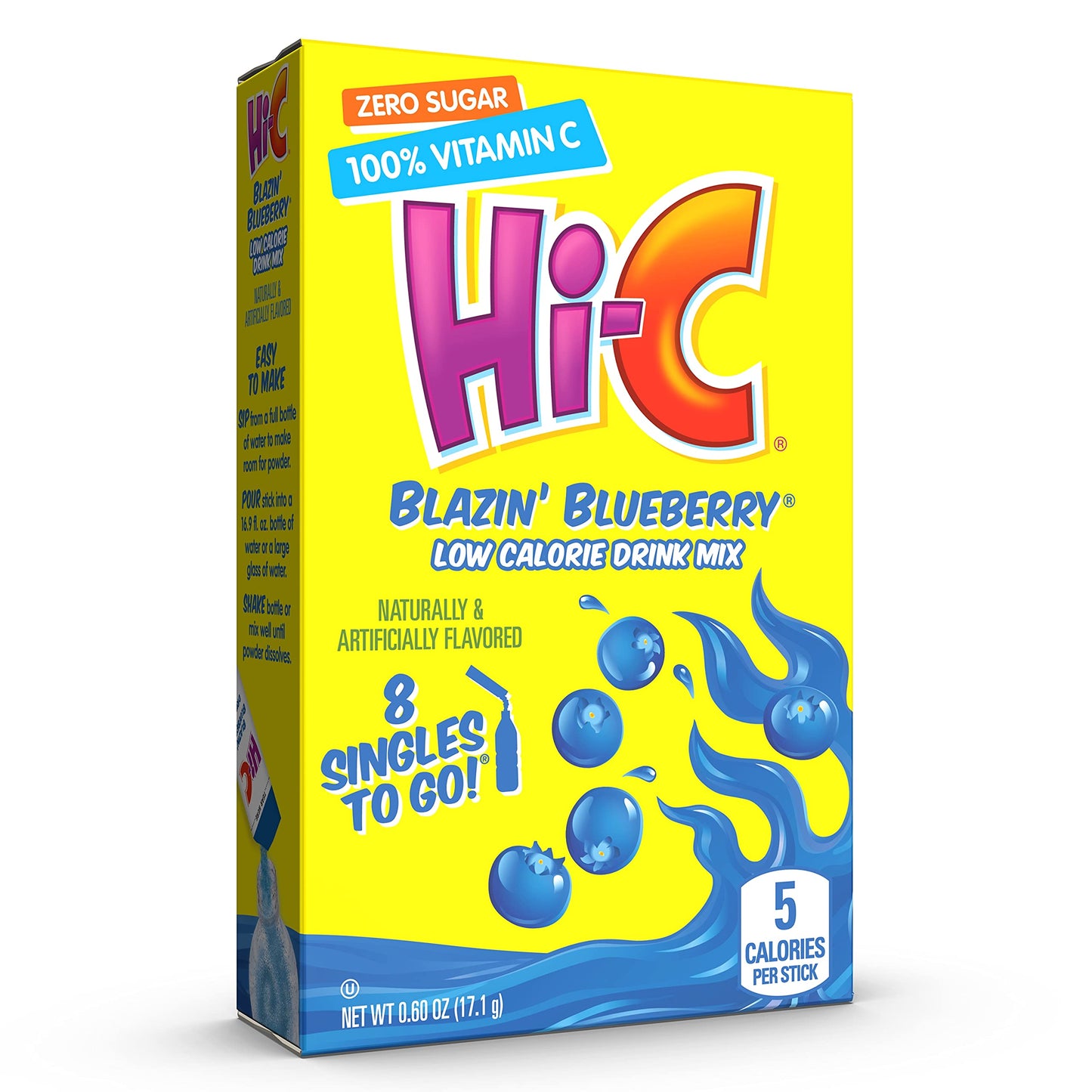 SINGLES TO GO! Hi-C Blazin Blueberry Drink Mix, Zero Sugar, Excellent Source of Vitamin C, 12 Boxes, 8 Packets Each