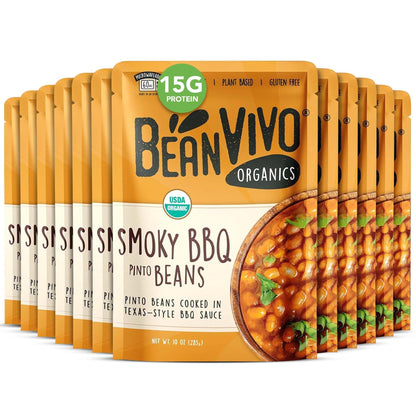 BeanVIVO (Pack of 12) Organics Plant based Protein BBQ Pinto Beans - Good Source of Fiber - Nutritious & Microwave Meals - Glute