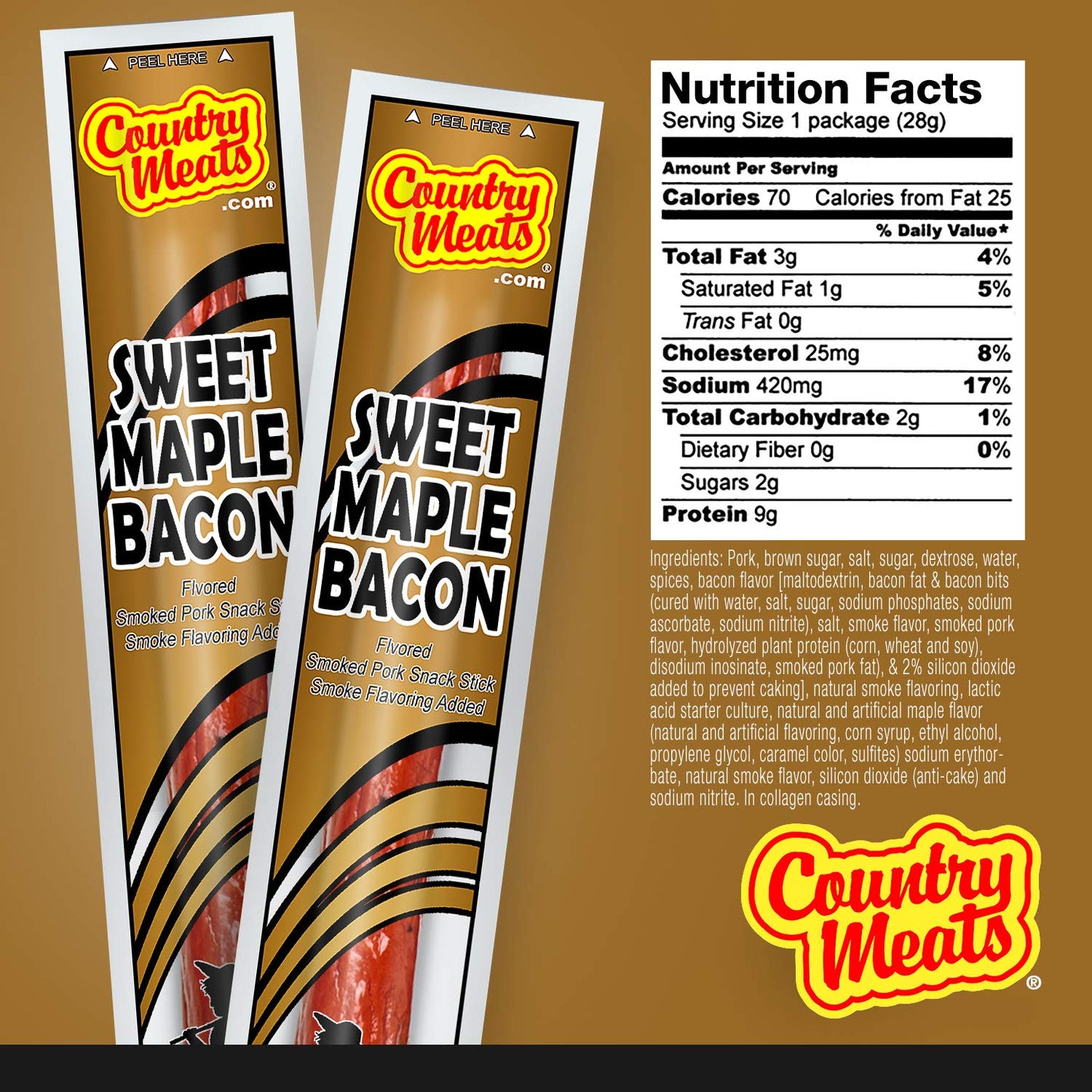 Country Meats Sweet Maple Bacon Meat Sticks, 10 Count, USDA Certified, 0 Trans Fat, Good Source of Protein, Carb Conscious Snack