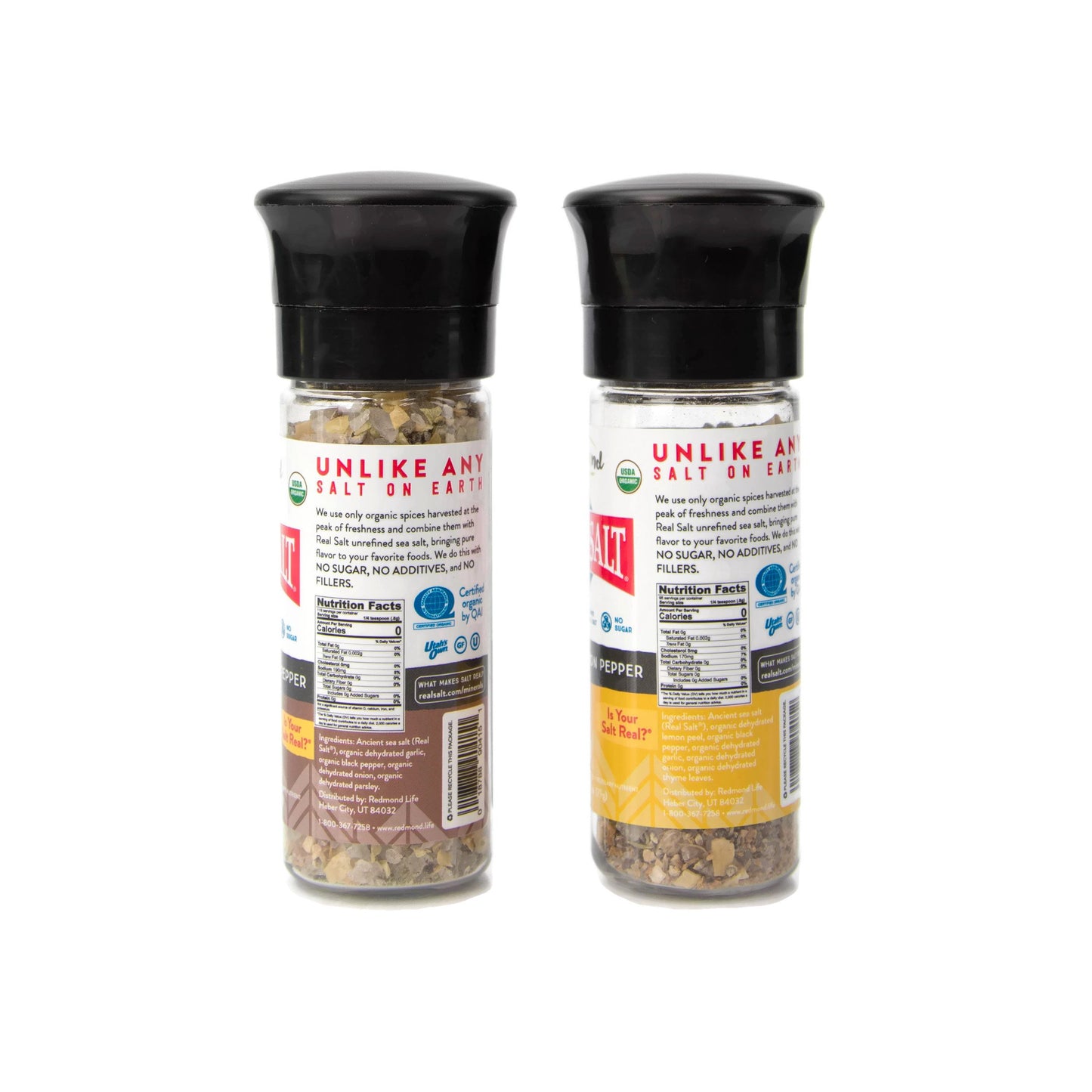 Redmond Real Sea Salt - Natural Unrefined Organic Gluten Free, Coarse Salt with Coarse Grinder (Lemon Pepper & Garlic Pepper)
