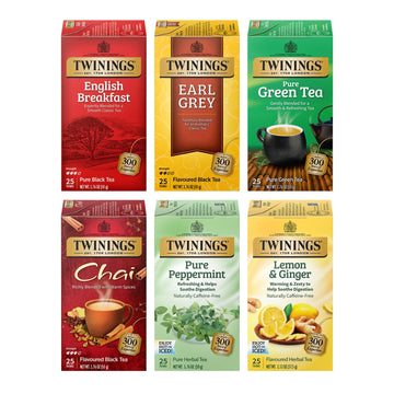 Twinings Variety Pack Tea Bags, Includes English Breakfast, Earl Grey, Lemon Ginger, Peppermint, Green, And Chai, 25 Count (Pack