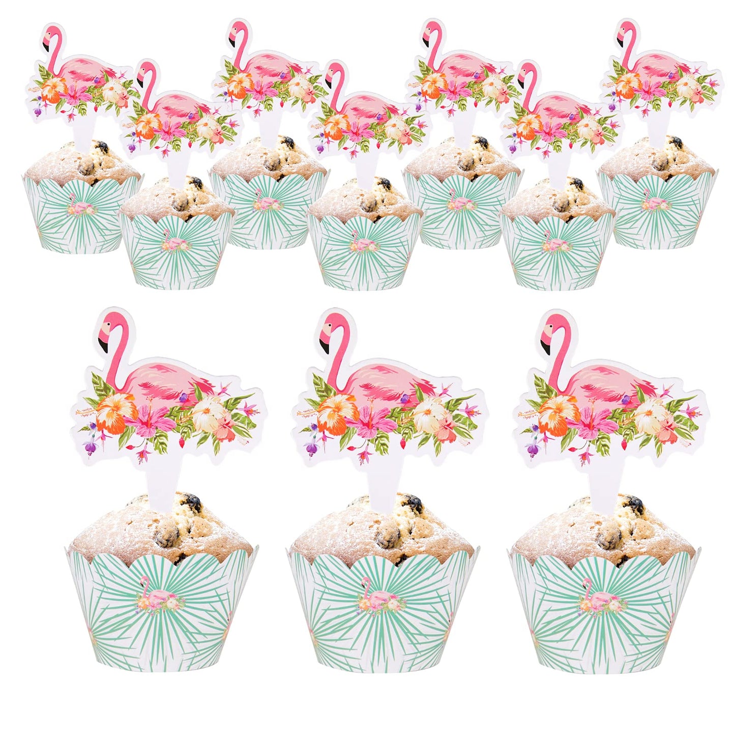Hawaiian Luau Cupcake Toppers Cake Picks Flamingo Paper Cupcake Wrappers Flamingo Double-Sided Cupcake Toppers For Kids Party Bi