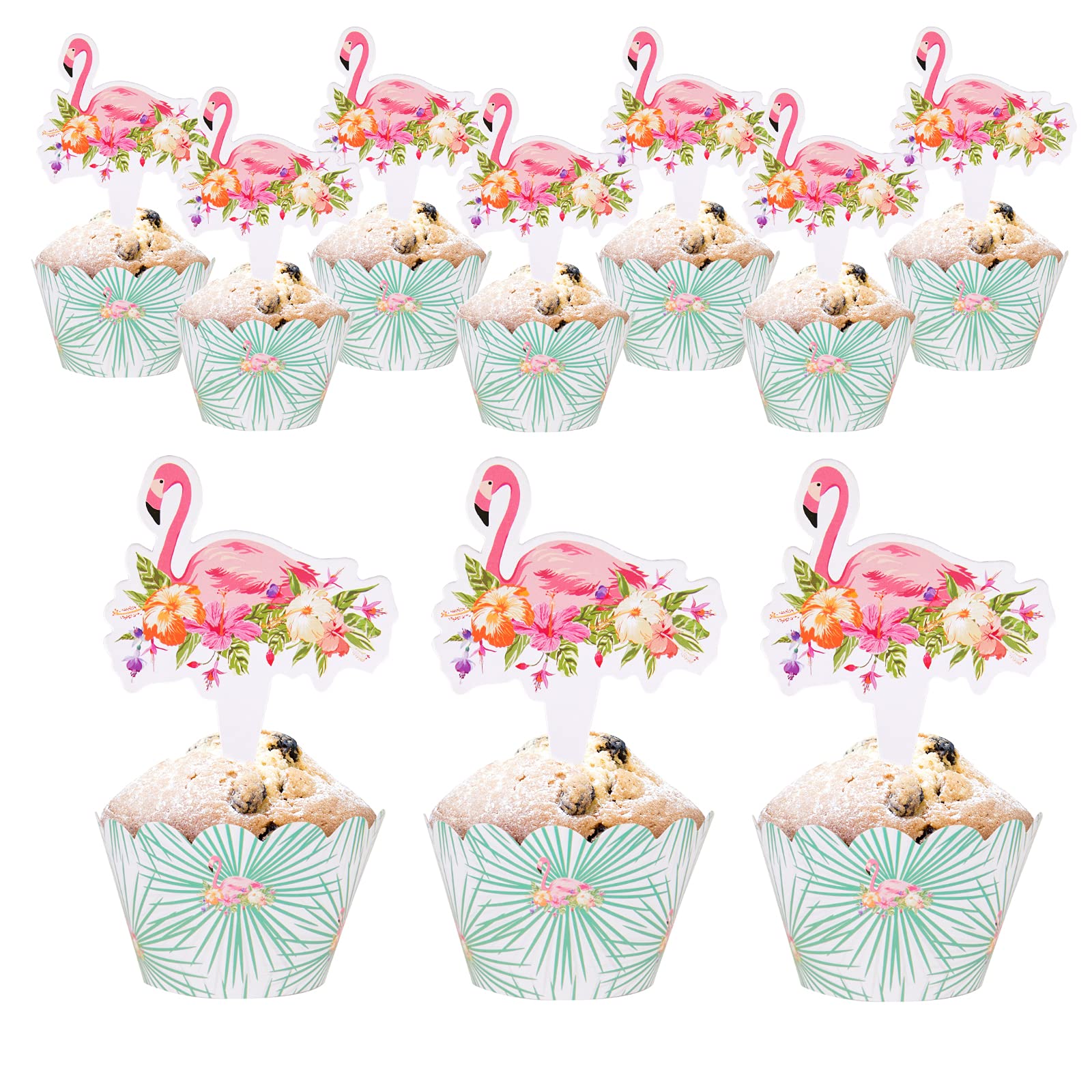 Hawaiian Luau Cupcake Toppers Cake Picks Flamingo Paper Cupcake Wrappers Flamingo Double-Sided Cupcake Toppers For Kids Party Bi