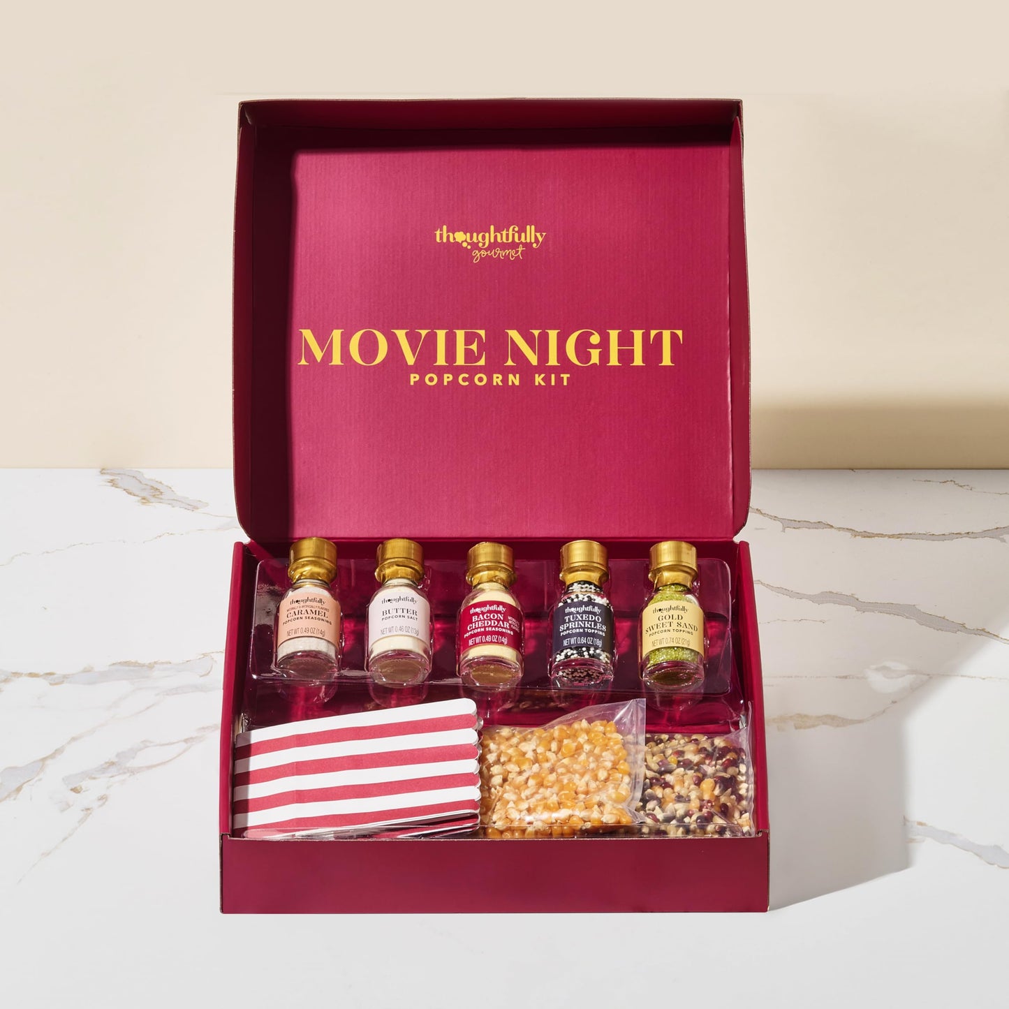 Thoughtfully Gourmet, Valentines Movie Night Popcorn Gift Set, Includes Yellow & Mixed Popcorn Kernels, 10 Popcorn Bags, 5 Gourm