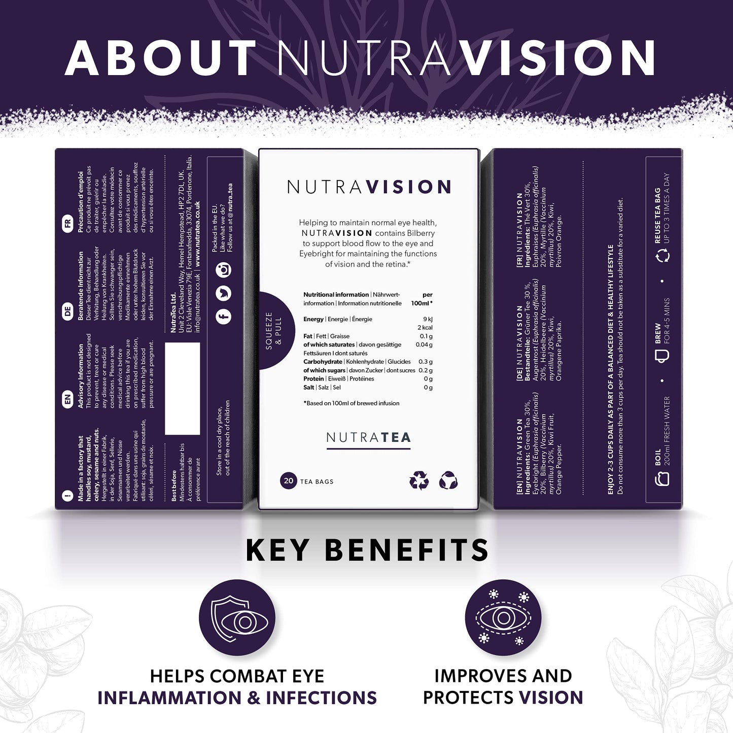 Nutravision - Eye Health Tea - Includes Bilberry & Eyebright - For General And Age-Related Eye Health - 20 Enveloped Tea Bags -