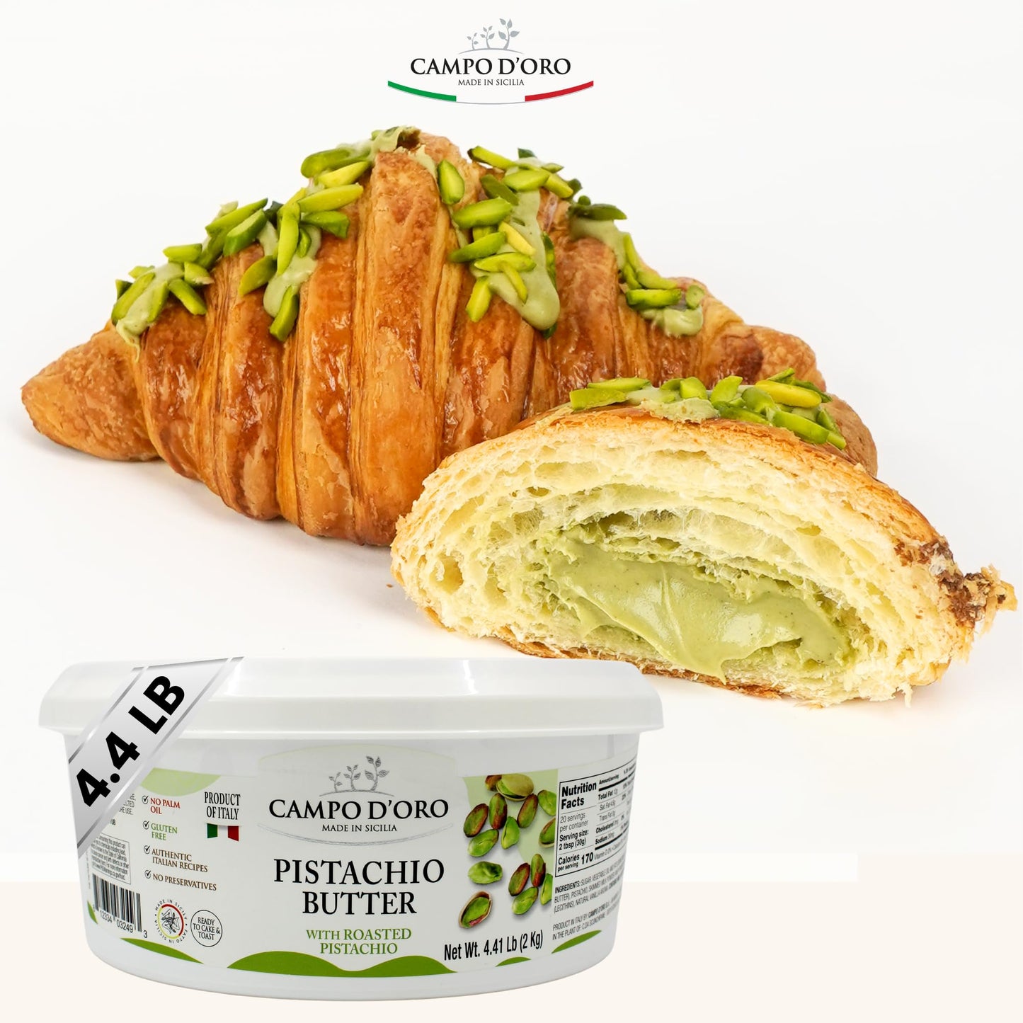 Campo D'Oro - Pistachio Butter Cream Bulk, 4.4 Lb (2 Kg), Rich & Nutty For Ice Cream, Dubai Pistachio Chocolate Bars, And More,