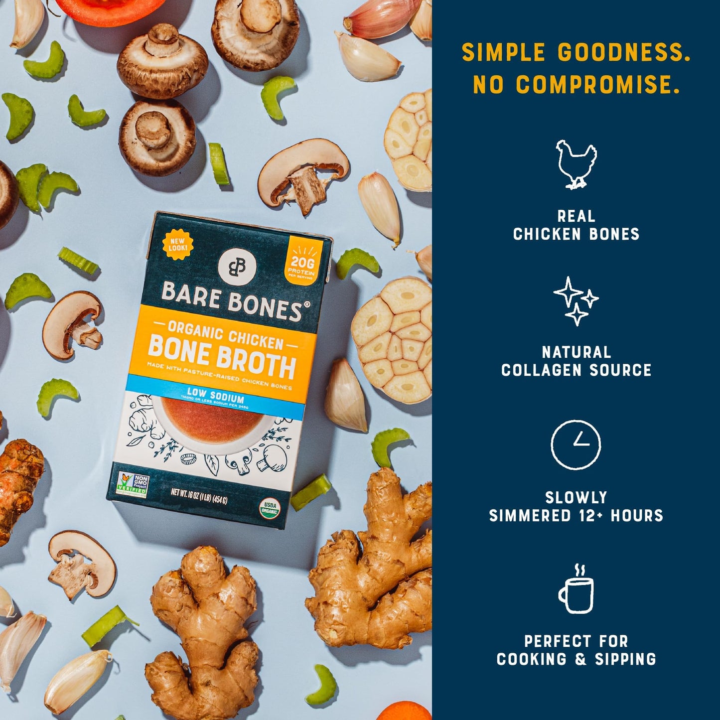 Bare Bones Organic Chicken Bone Broth, Low Sodium, Non-GMO, Gluten & Dairy-Free, 16oz Carton