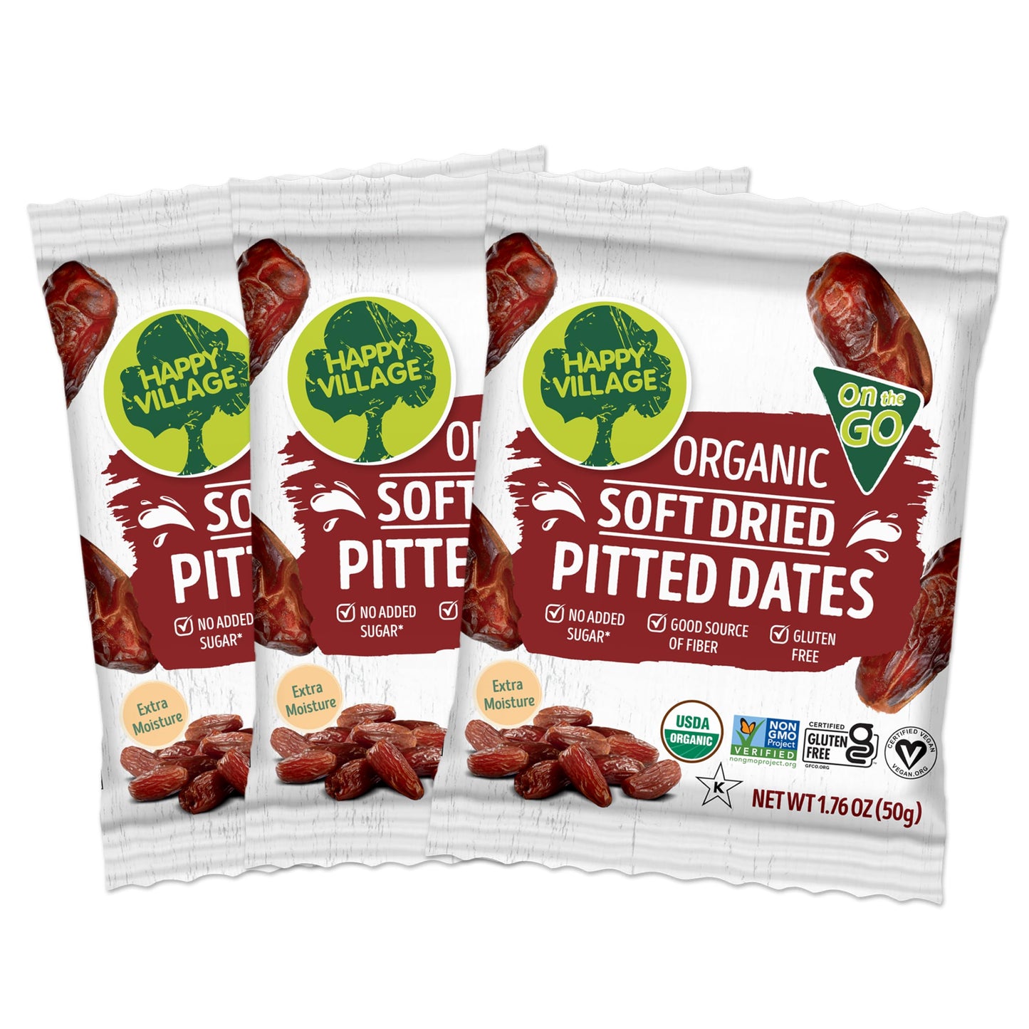 Happy Village Organic Soft Dried Pitted Dates On the Go - 3 Bags (15 Individual Portion Packs) | Healthy, Organic, Non-GMO, Vega