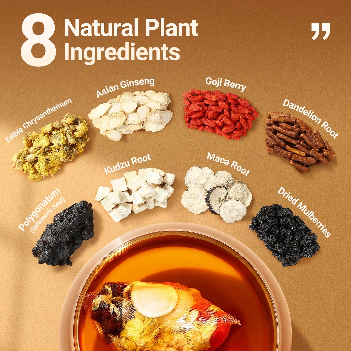Ginseng Five Treasures Tea - 30 Bags  Caffeine-Free  Pure Herbal Blend with 8 Traditional Chinese Herbs Kidney Tea  Gentle Energy & Focus for Men and Women