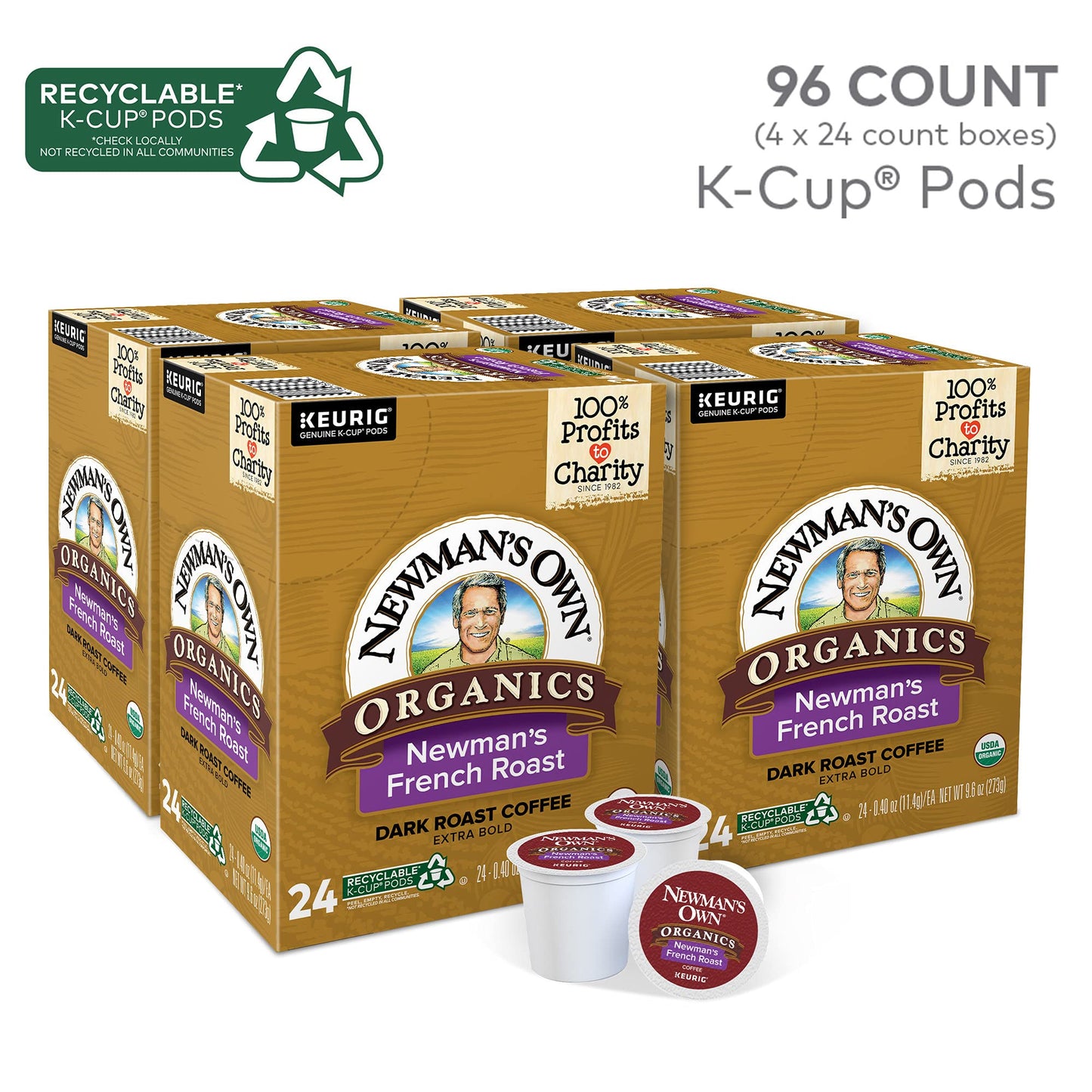 Newmans Own Organics French Roast Coffee, Dark Roast, Single-Serve K-Cup Pods, 96 Count