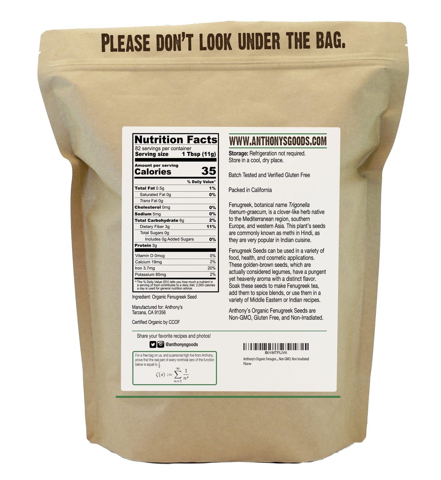 Anthony'S Organic Fenugreek Seeds, 2 Lb, Whole Methi Seeds, Gluten Free, Non Gmo, Non Irradiated