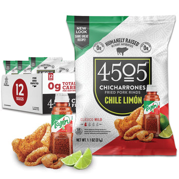4505 Tajin Seasoned Chicharrones, Fried Pork Rinds - Chile Limon Mild Flavored Pork Skins - Low Carb, Gluten-Free, Protein Snack