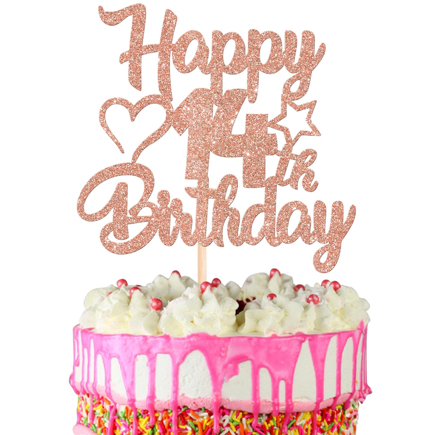 YCTHUNFISH 14th Birthday Cake Topper - Glitter Heart Star, Rose Gold, Paper, Party Supplies