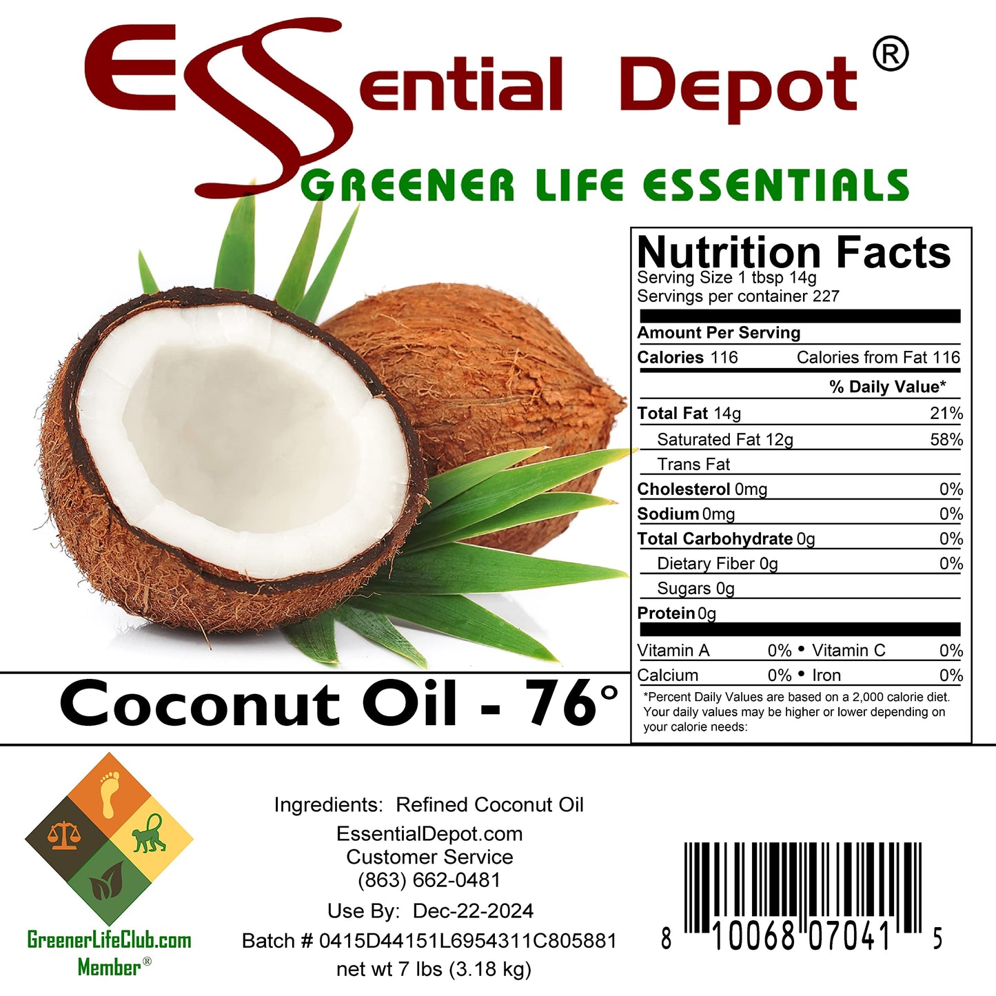 Coconut Oil 76F - Food Grade - 7 Lb In Pp Microwavable Container, Resealable Lid & Removable Handle