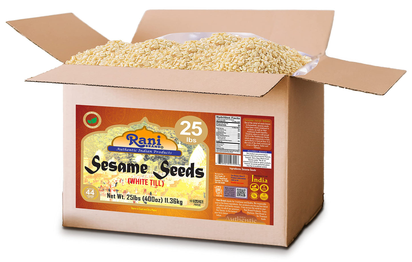 Rani Sesame Seeds Whole White, Hulled (Till) 400Oz (25Lbs) 11.36Kg Bulk Box ~ All Natural | Gluten Friendly | Non-Gmo | Vegan |