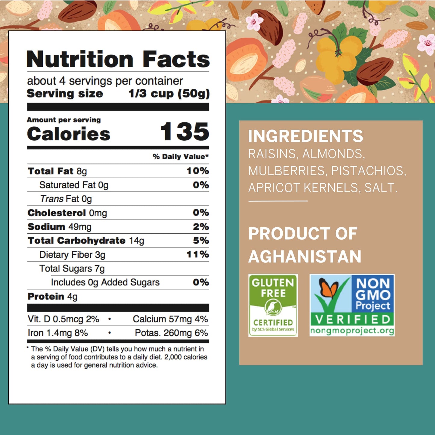 Ziba Foods Trail Mix - Sweet Apricot Kernels, Mulberries, Raisins, Almonds & Pistachios - Non-GMO, Vegan, Whole 30 Friendly & Pa