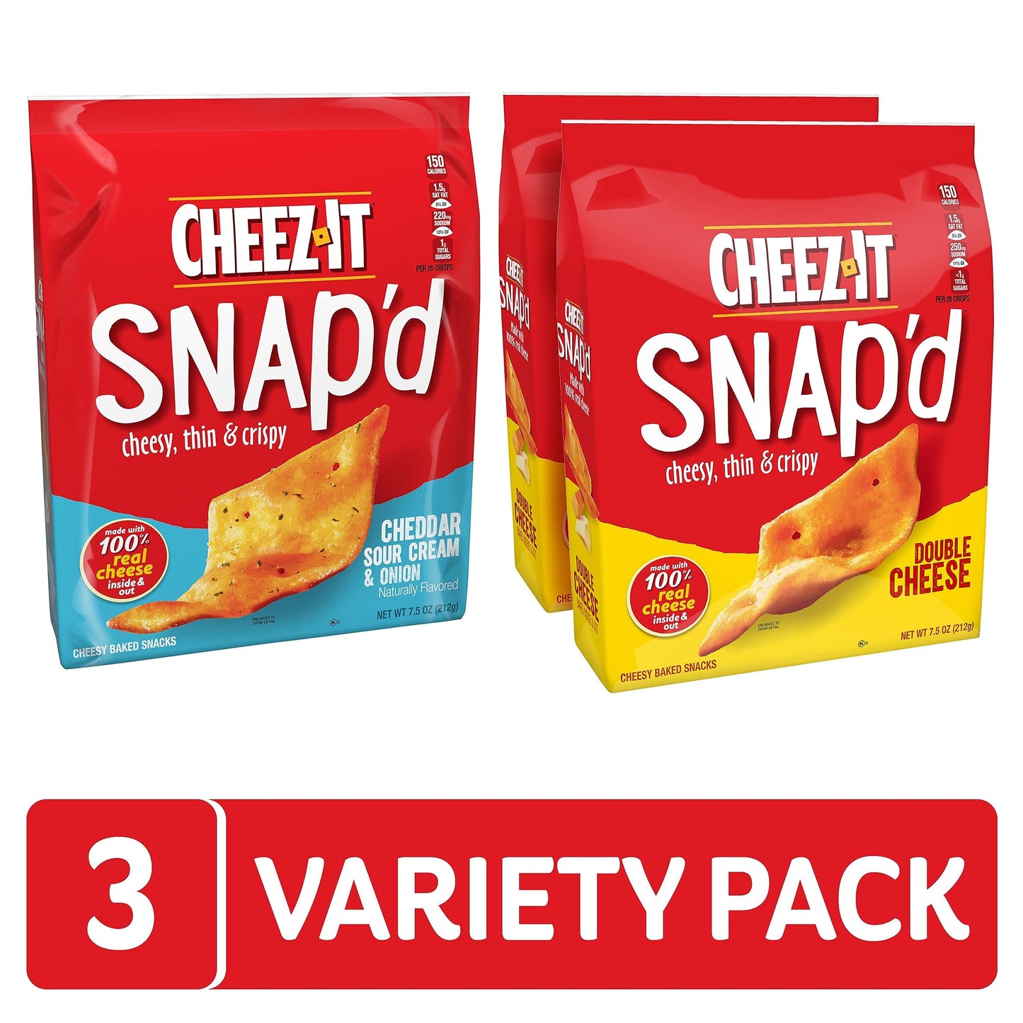 Cheez-It Snap'D, Cheese Crackers Chips, Thin Crisps, Lunch Snacks, Variety Pack, 22.5Oz Box (3 Bags)