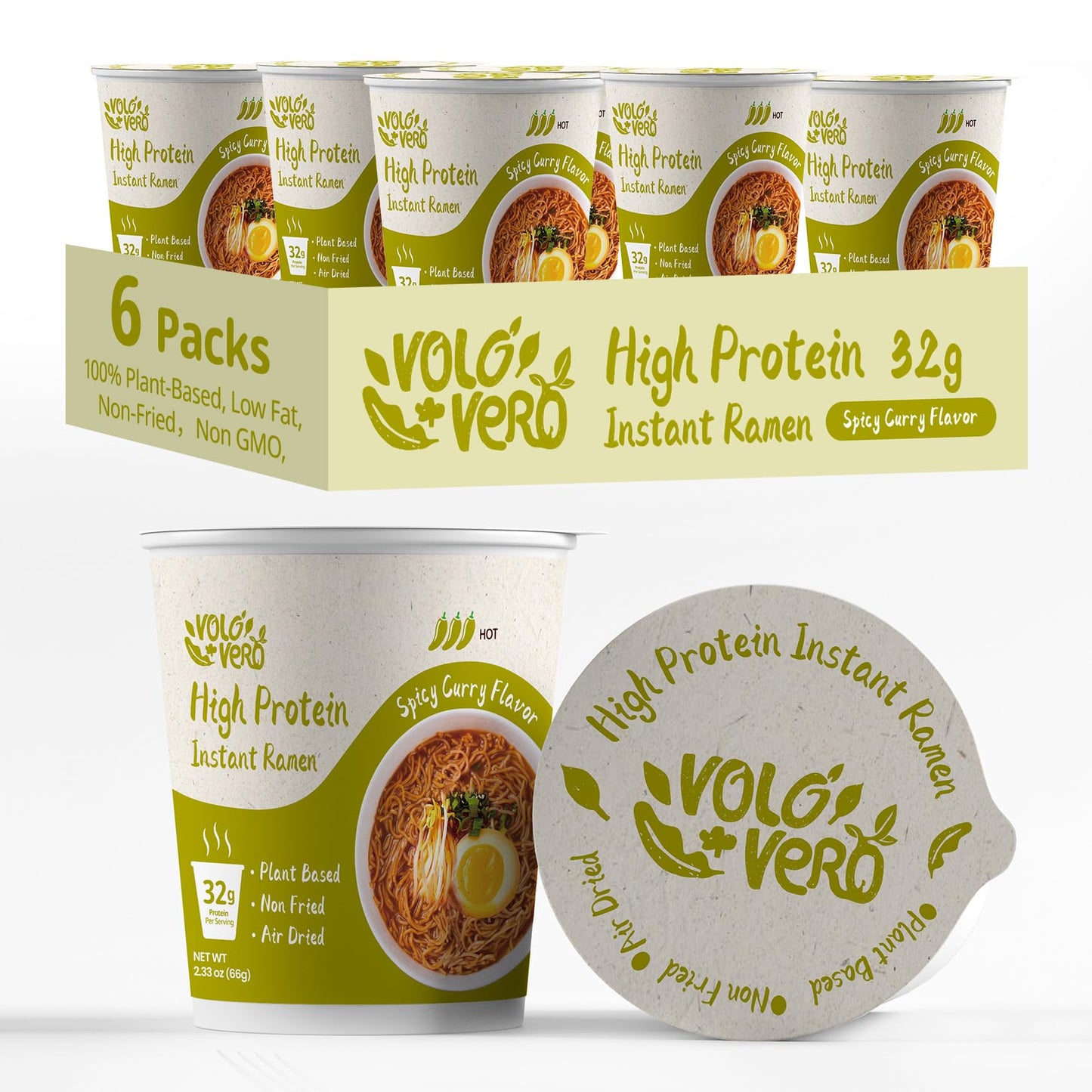 Volo Vero High Protein (32G) Instant Ramen Noodles Soup Cup, Spicy Curry Flavor, 6 Packs, Plant-Based, Non-Fried, Vegan, Low Fat, Egg & Dairy-Free, Quick Healthy Asian Meal, Holiday Gifts
